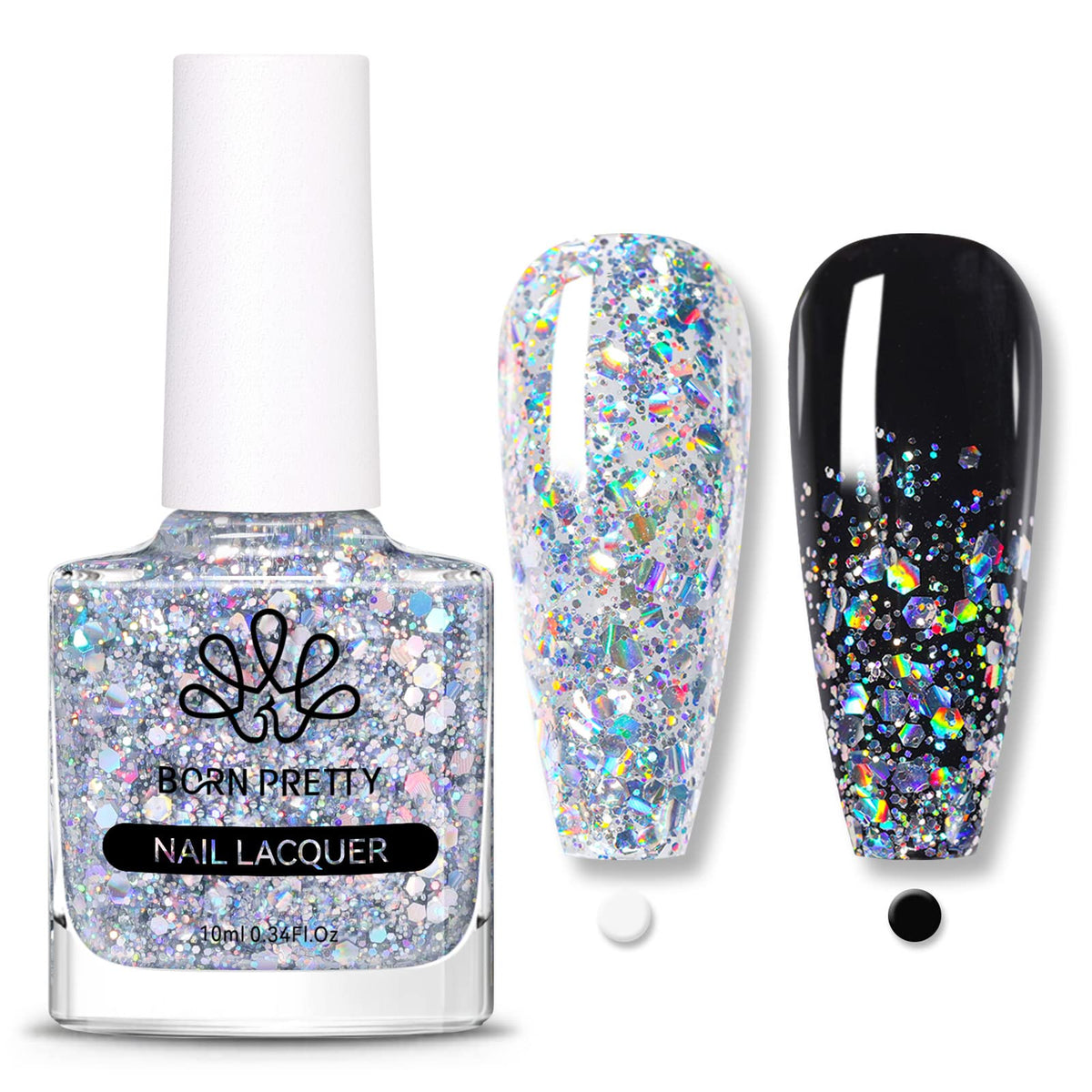 Born Pretty Esmalte destellos holográficos plata, brillo intenso para uñas.