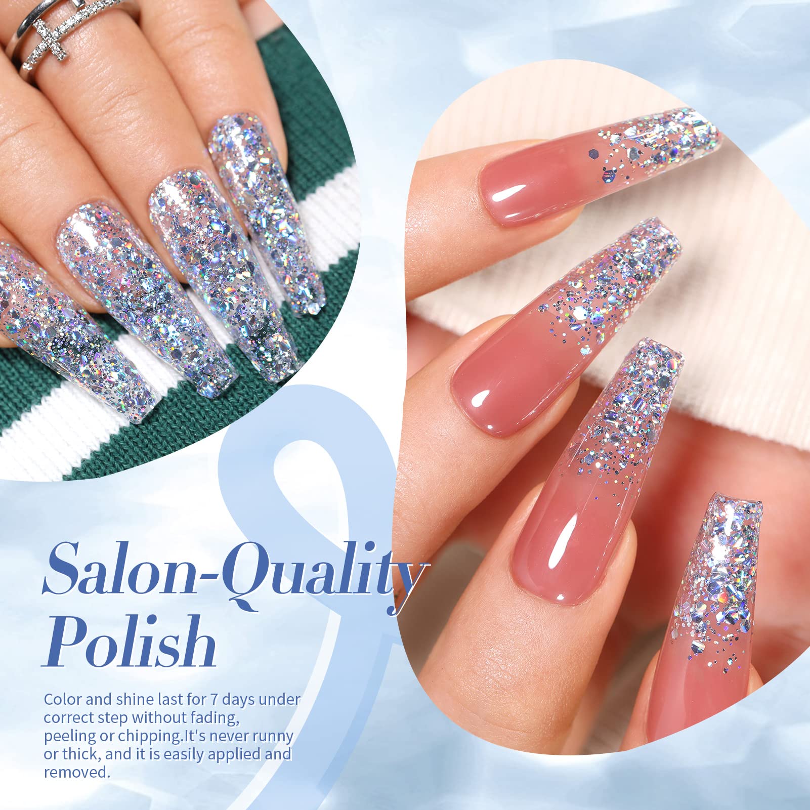 Born Pretty Esmalte destellos holográficos plata, resplandor diurno y nocturno.