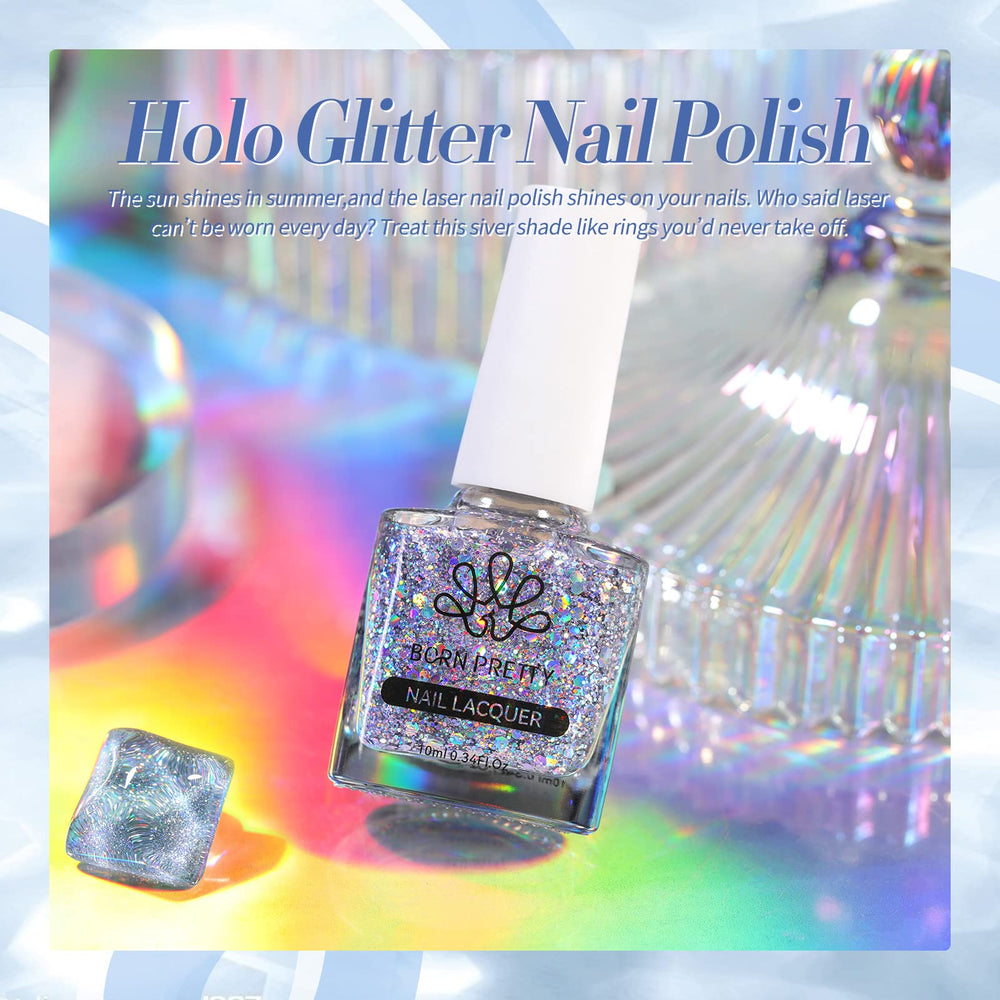 Born Pretty Esmalte destellos sutiles holográficos plateados, uñas con toque chic.