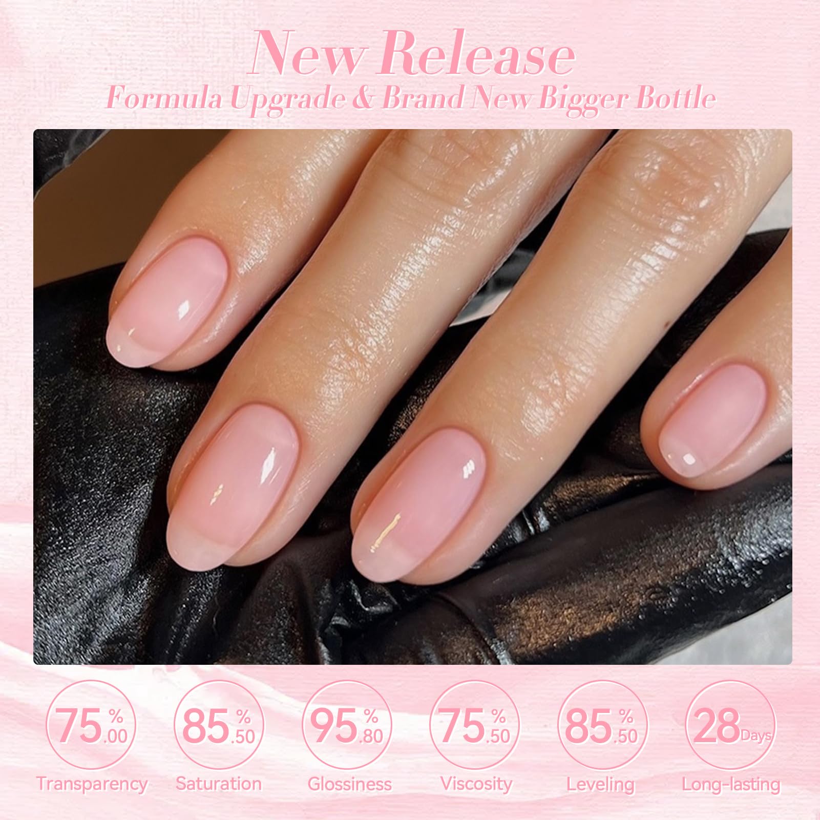 Brillo intenso del gel jelly rosa claro para una manicura duradera.
