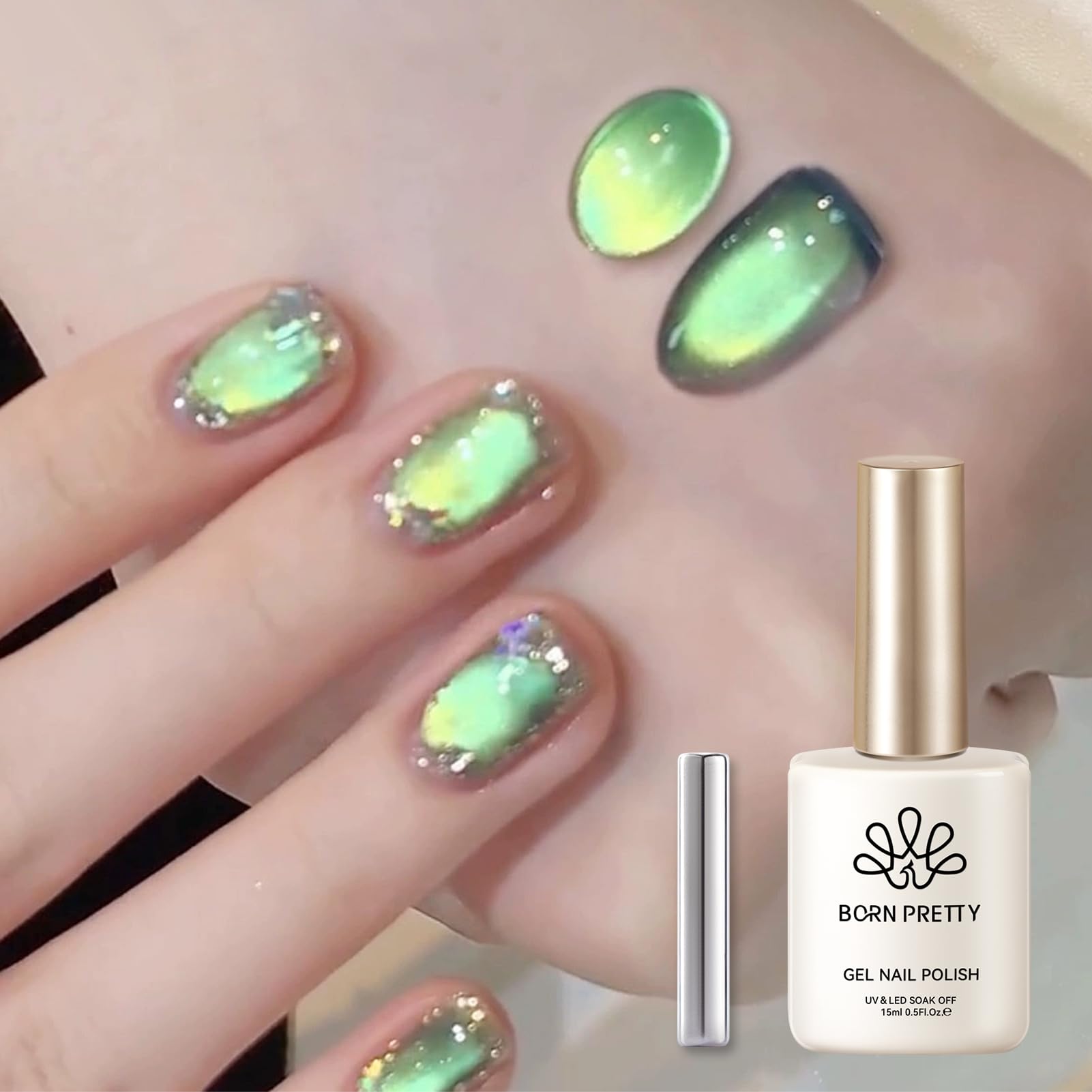 Born Pretty esmalte gel magnético gato verde para un efecto imantado vistoso.