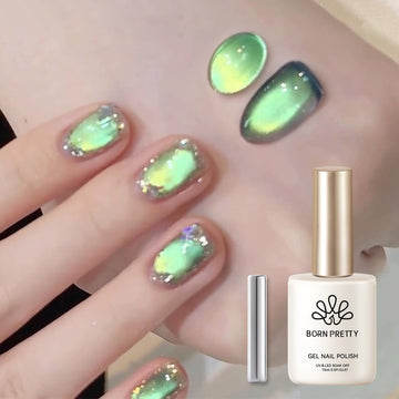 Born Pretty esmalte gel magnético gato verde para un efecto imantado vistoso.