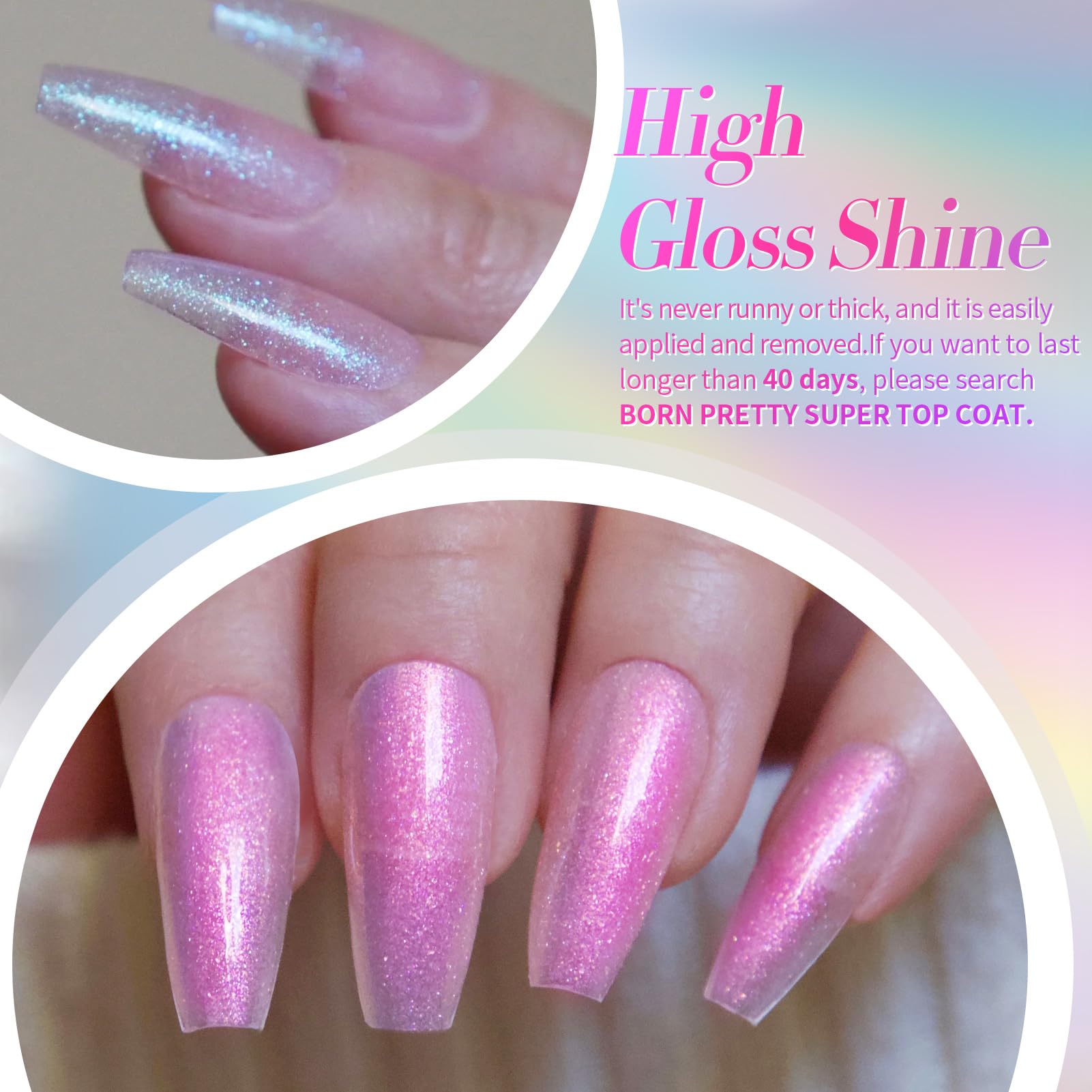 Acabado brillante de Born Pretty con base y top coat para mayor duración.