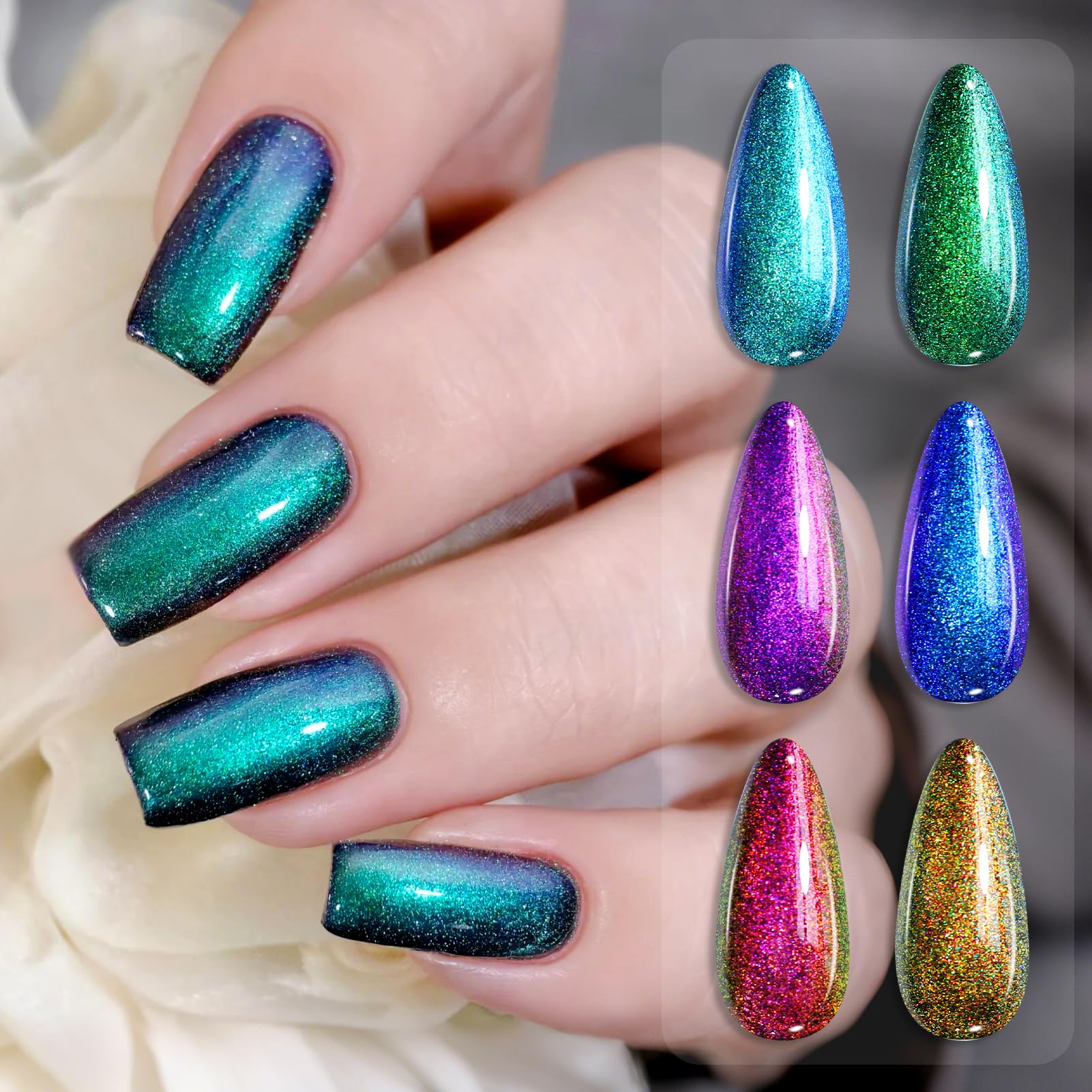 Born Pretty Pearl Gel brilla con efecto sirena, primer plano de purpurina.