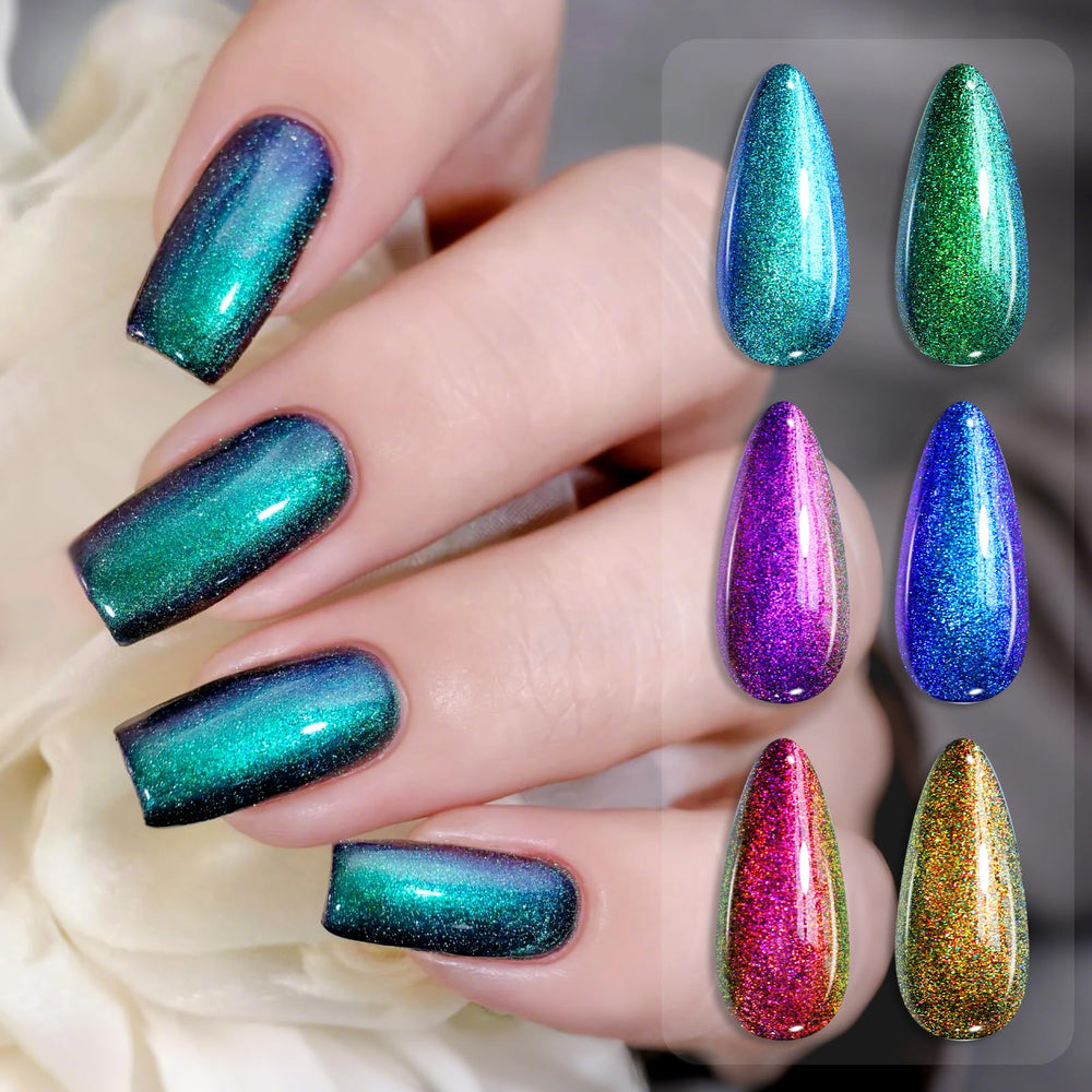 Born Pretty Pearl Gel brilla con efecto sirena, primer plano de purpurina.