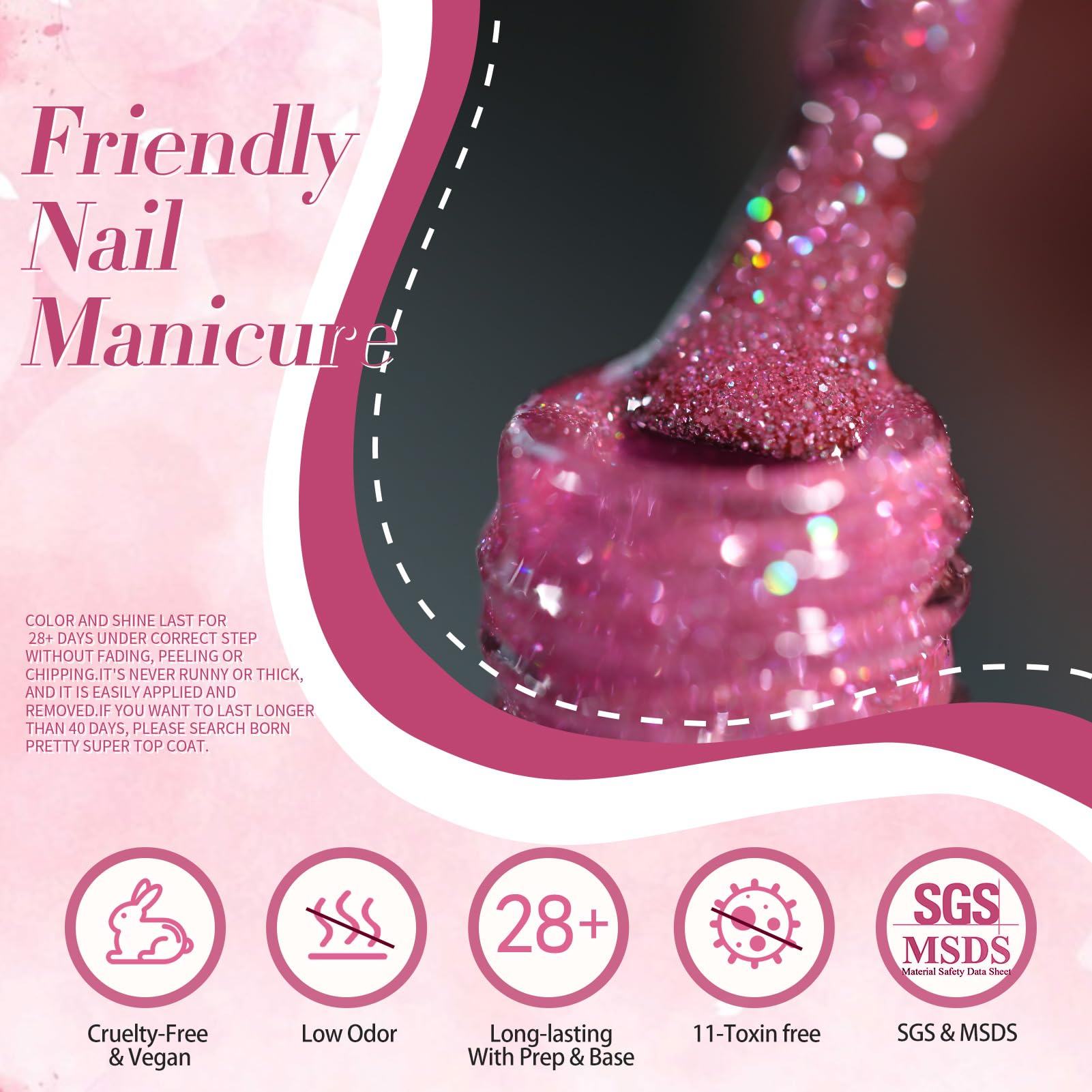 Pigmentación intensa en gel rosa de Born Pretty para cobertura uniforme.
