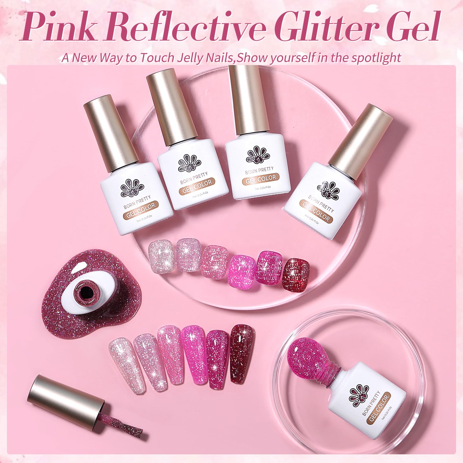 Brillo multicolor disco rosa de Born Pretty para uñas impactantes.