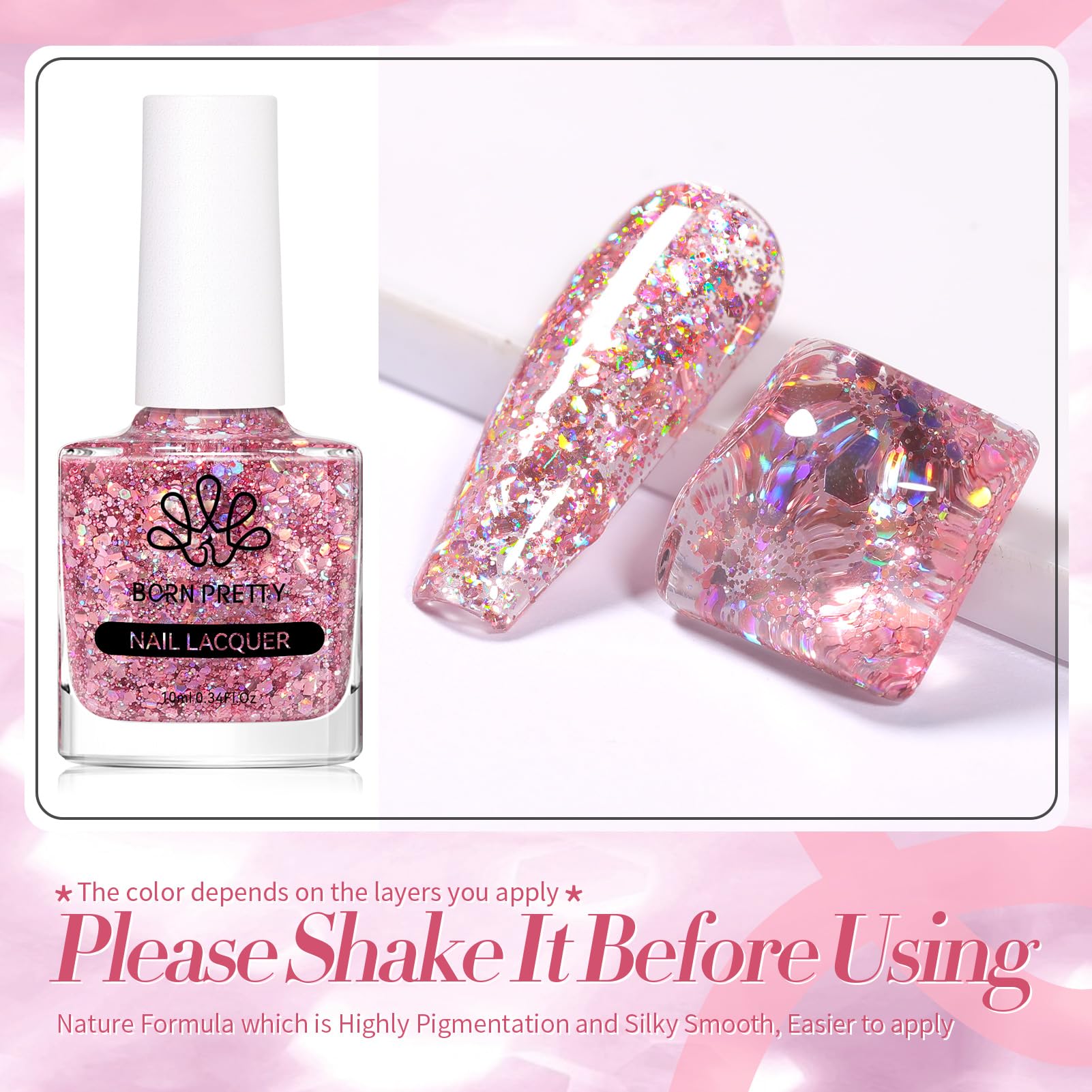 Born Pretty Esmalte Uñas Rosa Oro brillo holográfico para looks elegantes.