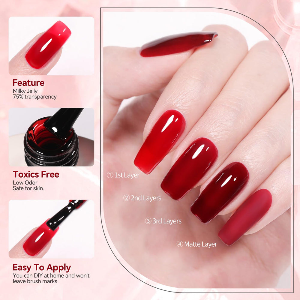 Born Pretty Jelly Burgundy, durabilidad de 21 días con brillo intenso.