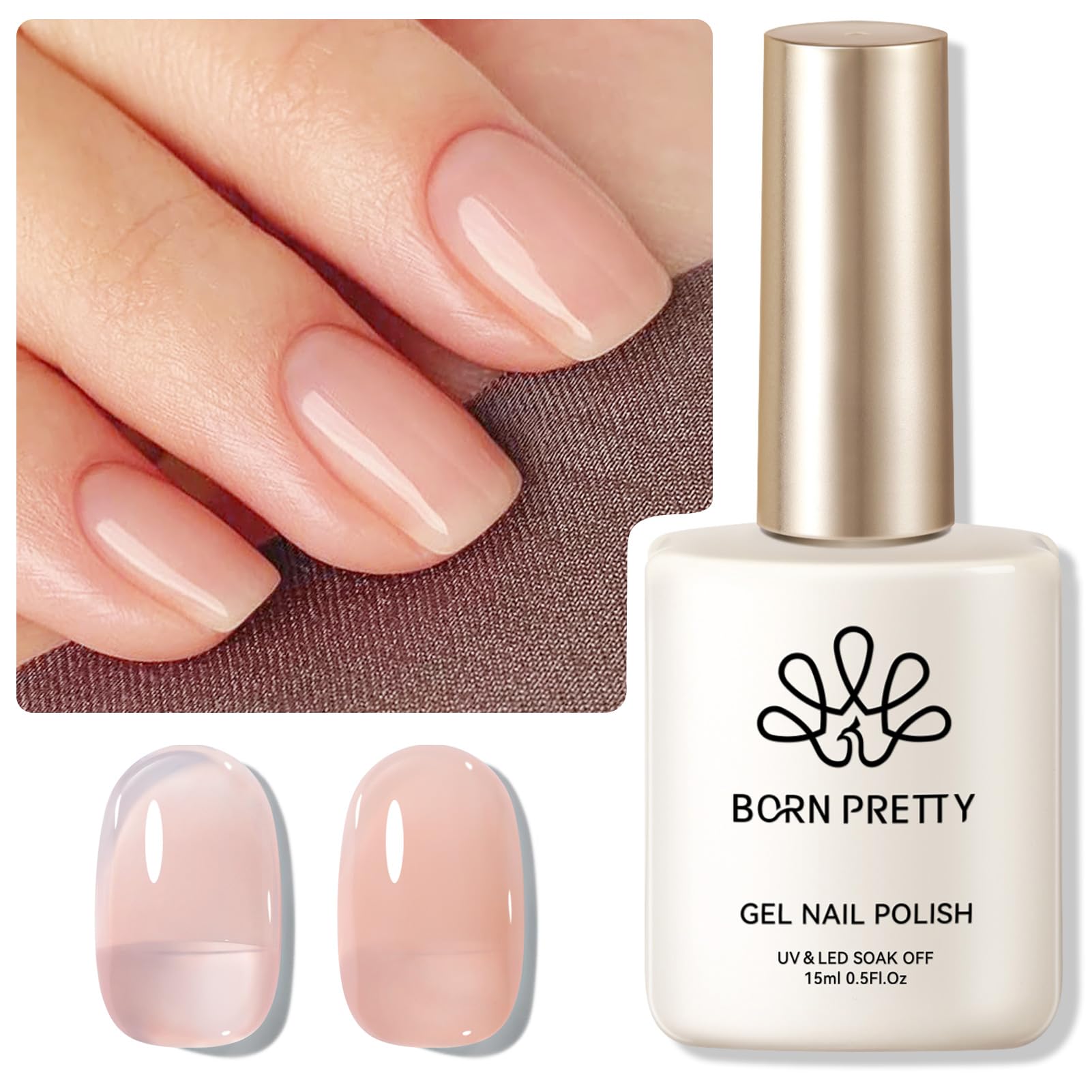 Born Pretty Jelly Nude Gel, botella de 15ml, acabado translúcido para uñas naturales con brillo suave.