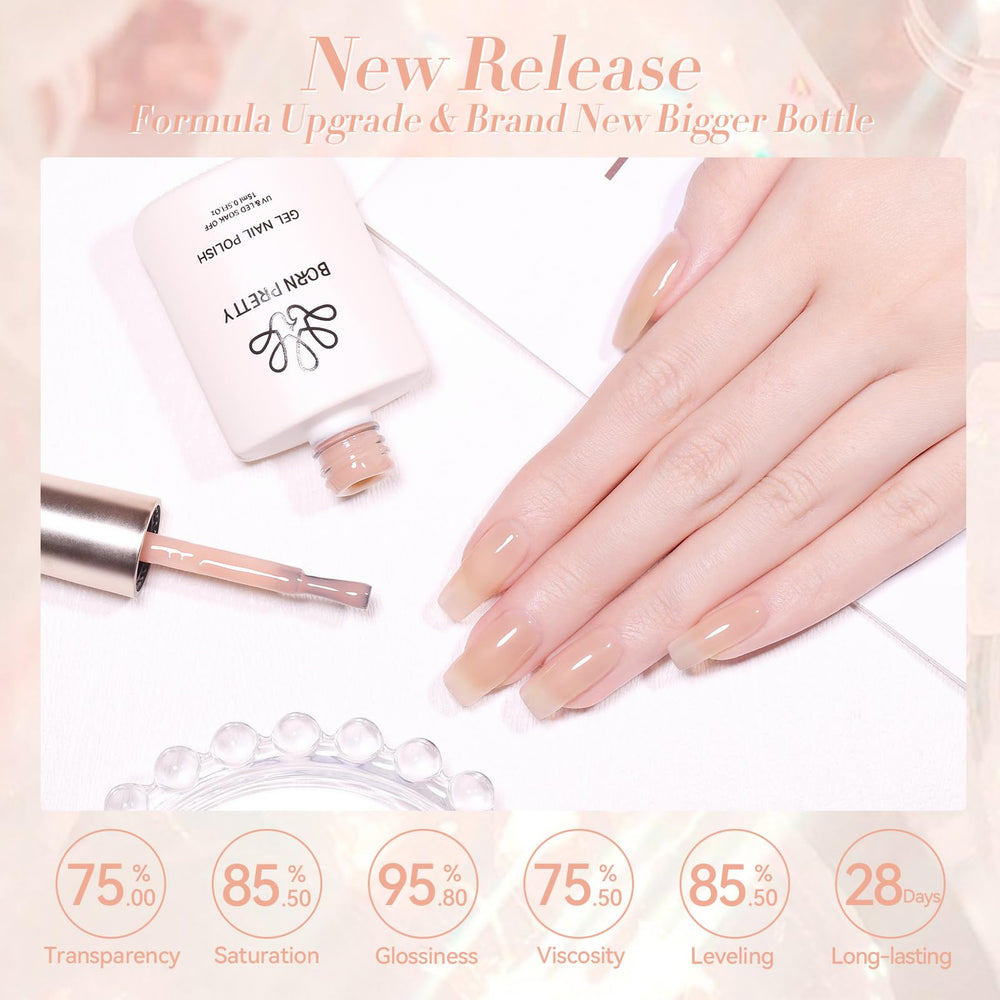Olor bajo y fórmulas suaves para uñas sanas con Born Pretty Jelly Nude Gel.