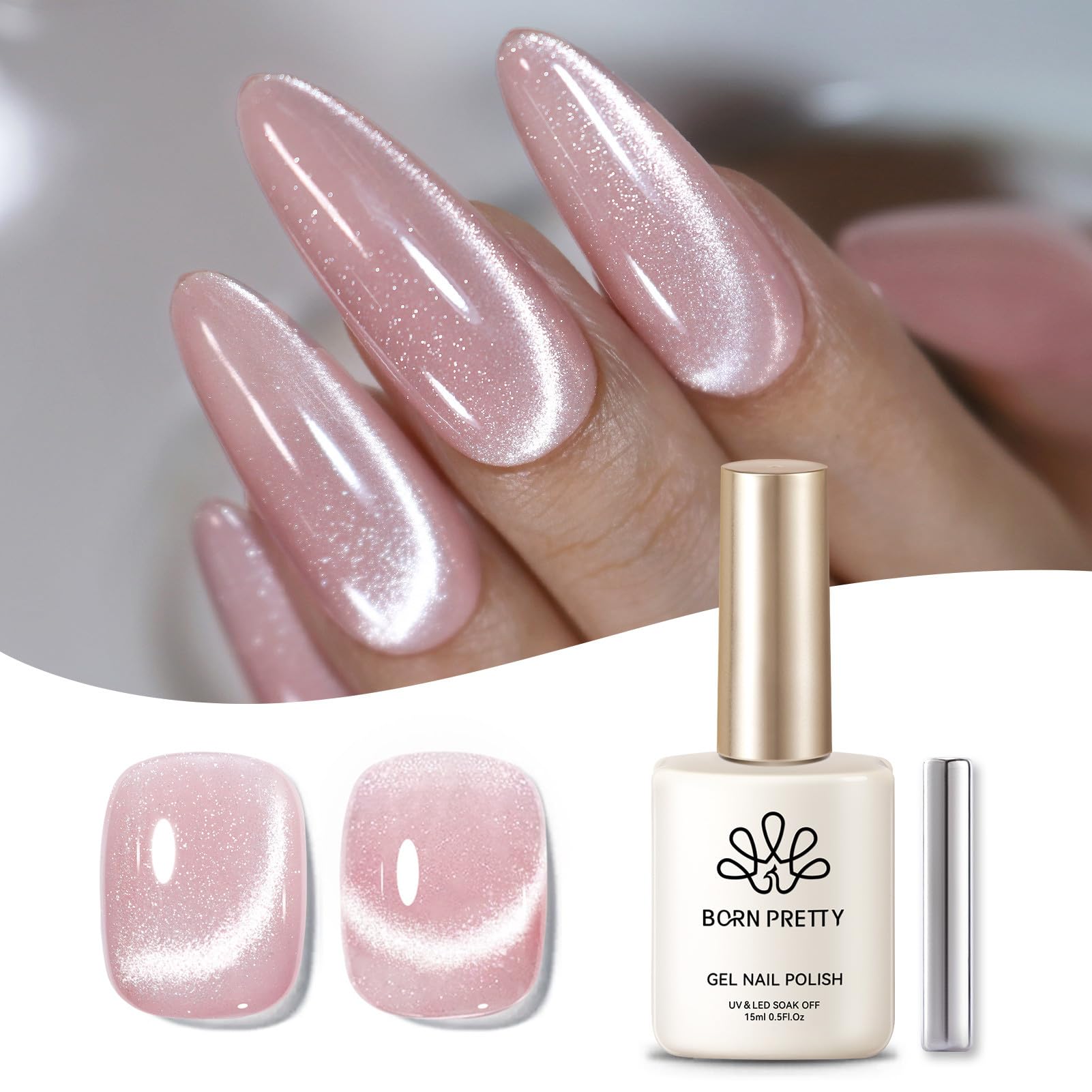 Born Pretty Pink Cat Magnetic Eye Gel en rosa lechoso para uñas naturales con brillo sutil.
