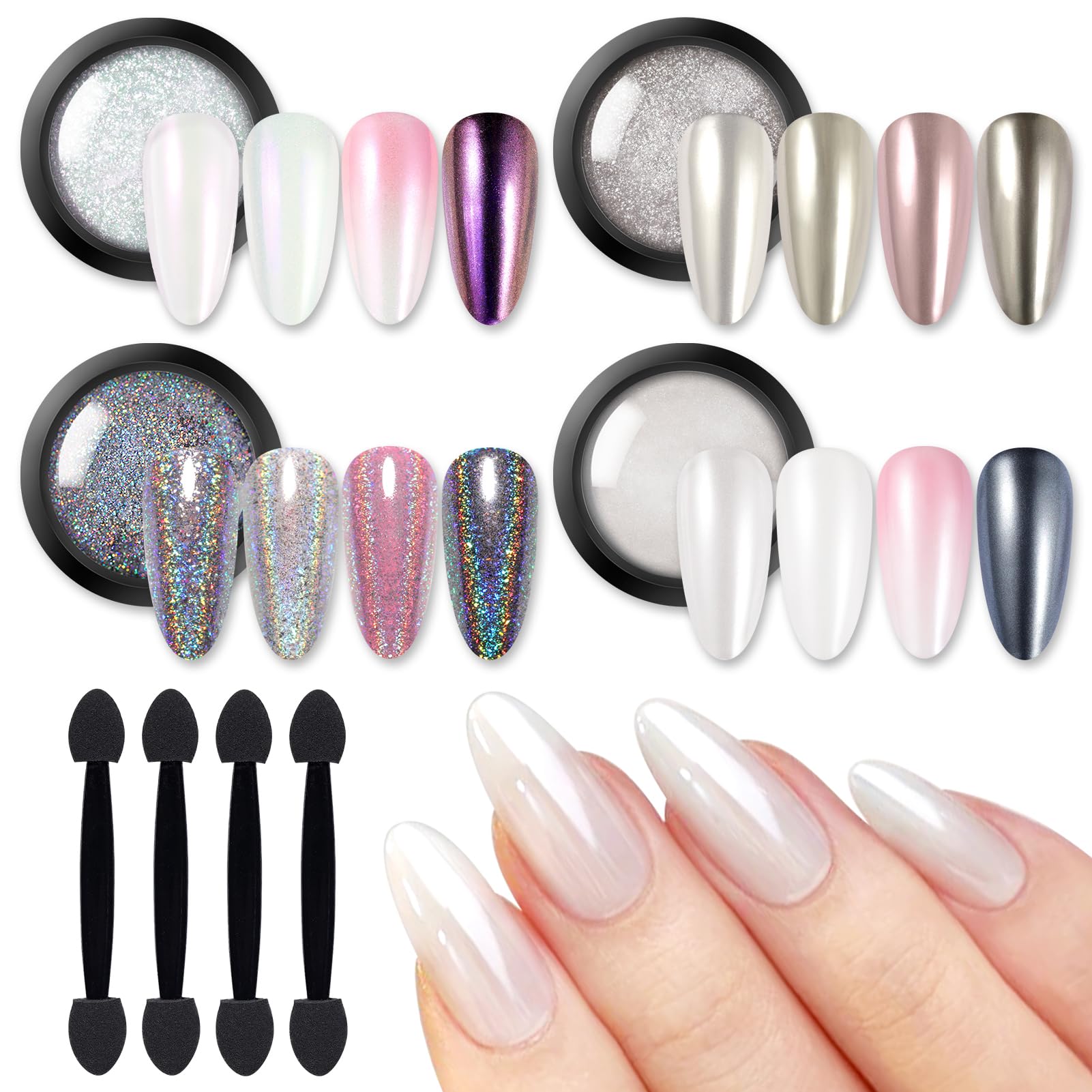 Born Pretty polvos cromados blanco perla para uñas, acabado perlado suave.