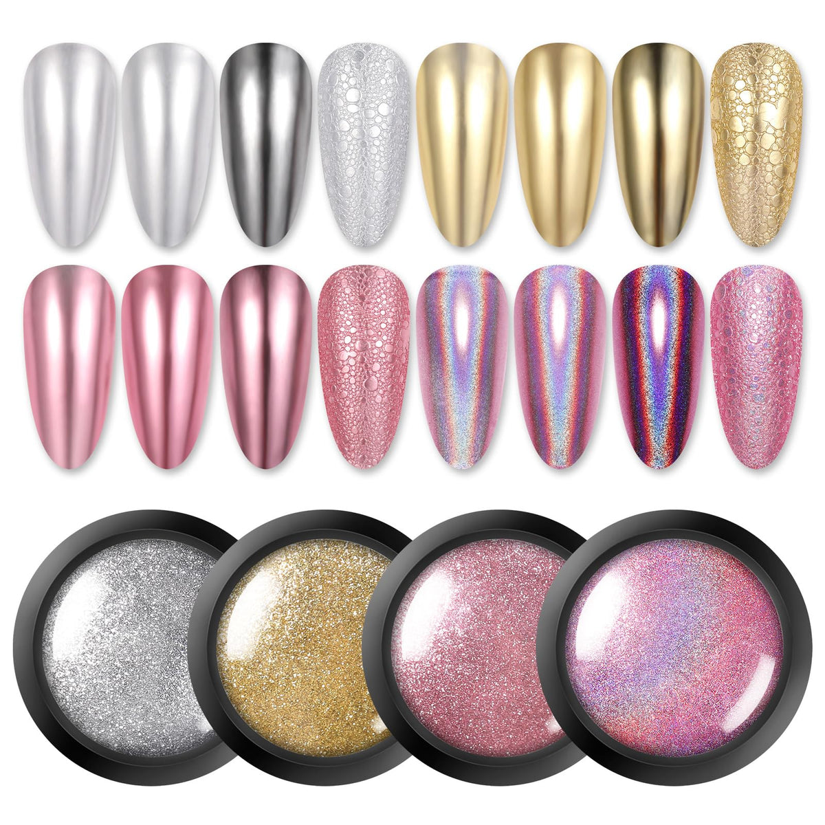Born Pretty polvo cromado plateado espejo para uñas con efecto duradero.
