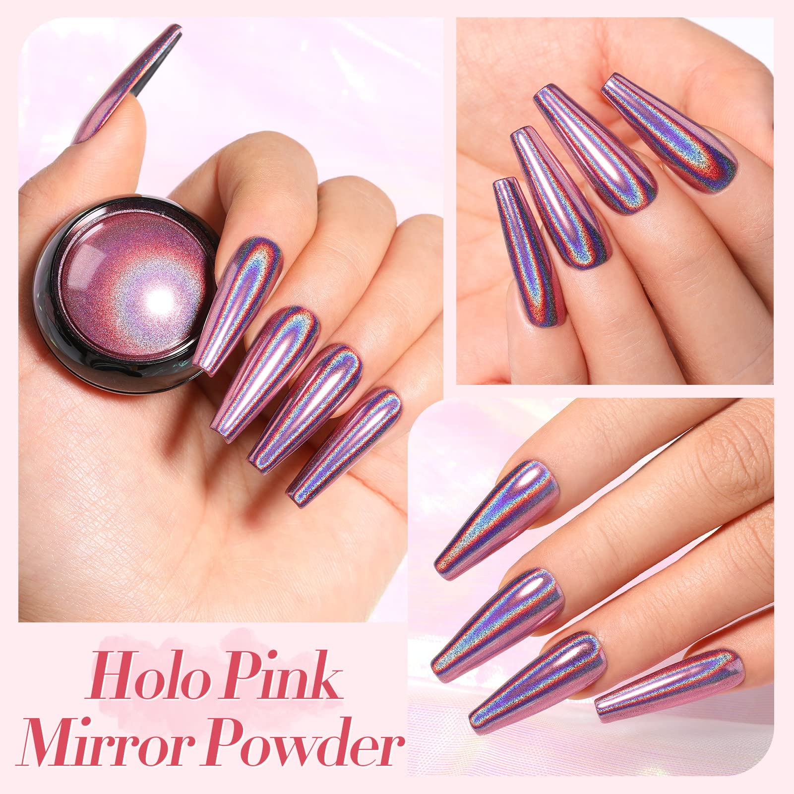 Born Pretty polvo holografico rosa espejo para brillo iridiscente en uñas.
