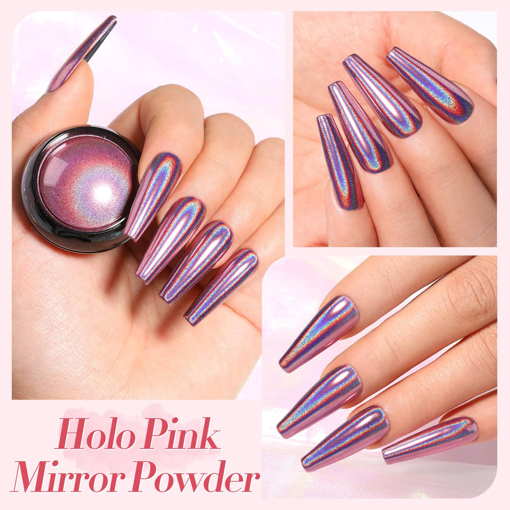 Born Pretty polvo holografico rosa espejo para brillo iridiscente en uñas.