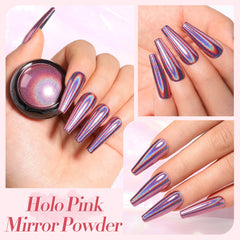 Born Pretty polvo holografico rosa espejo para brillo iridiscente en uñas.
