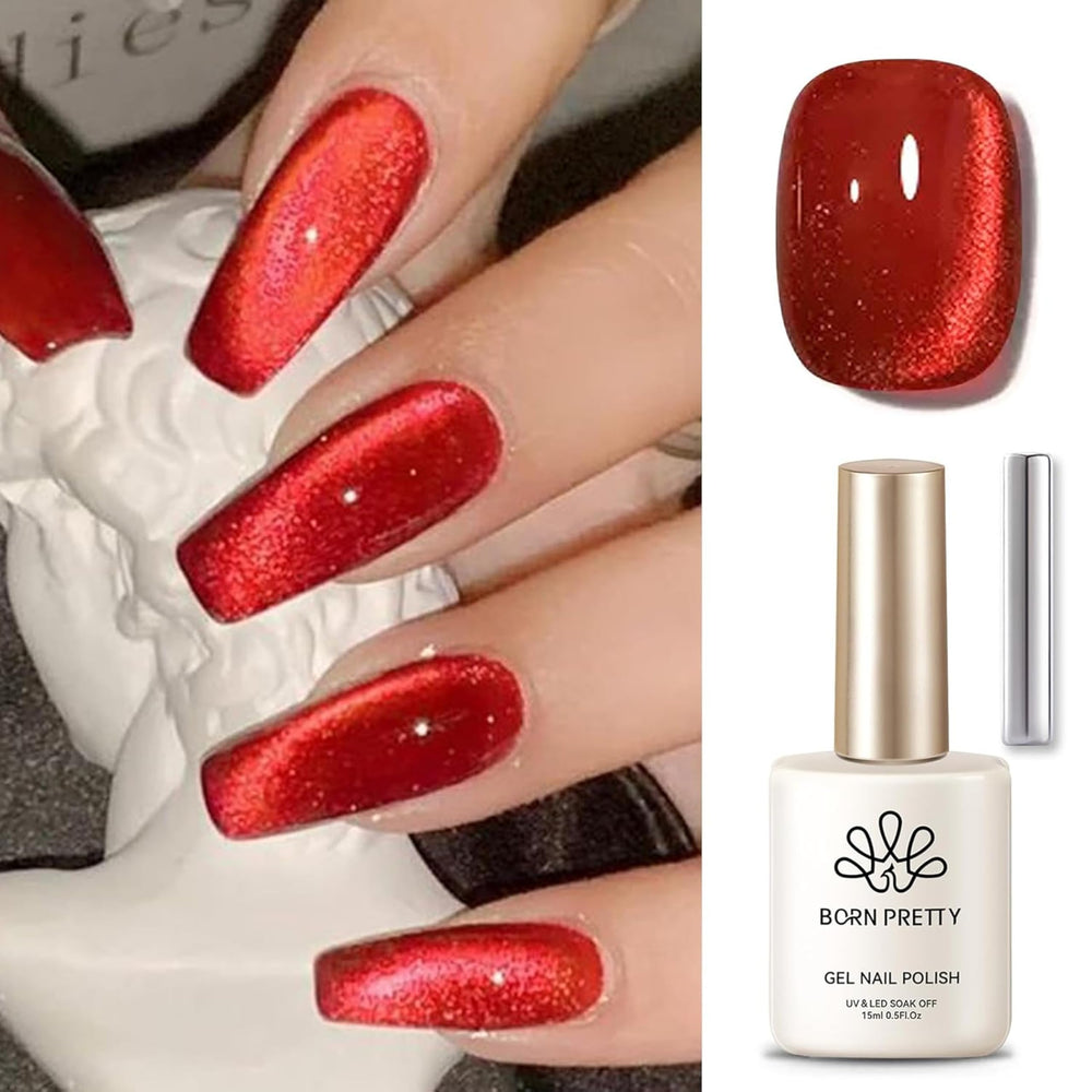 Born Pretty Red Cat reflejo holografico en uñas brillantes