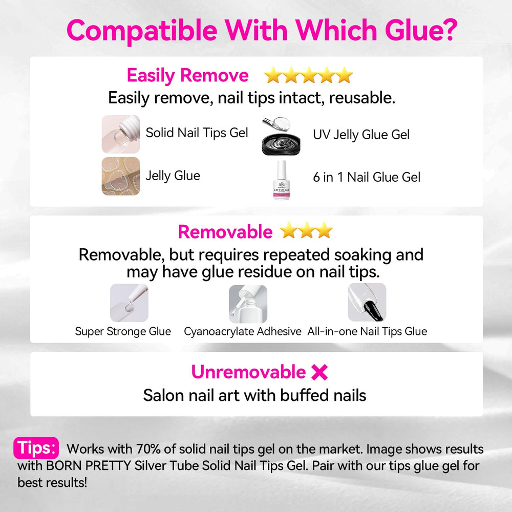 Versátil removible para uñas postizas, tips y adhesivos compatibles.