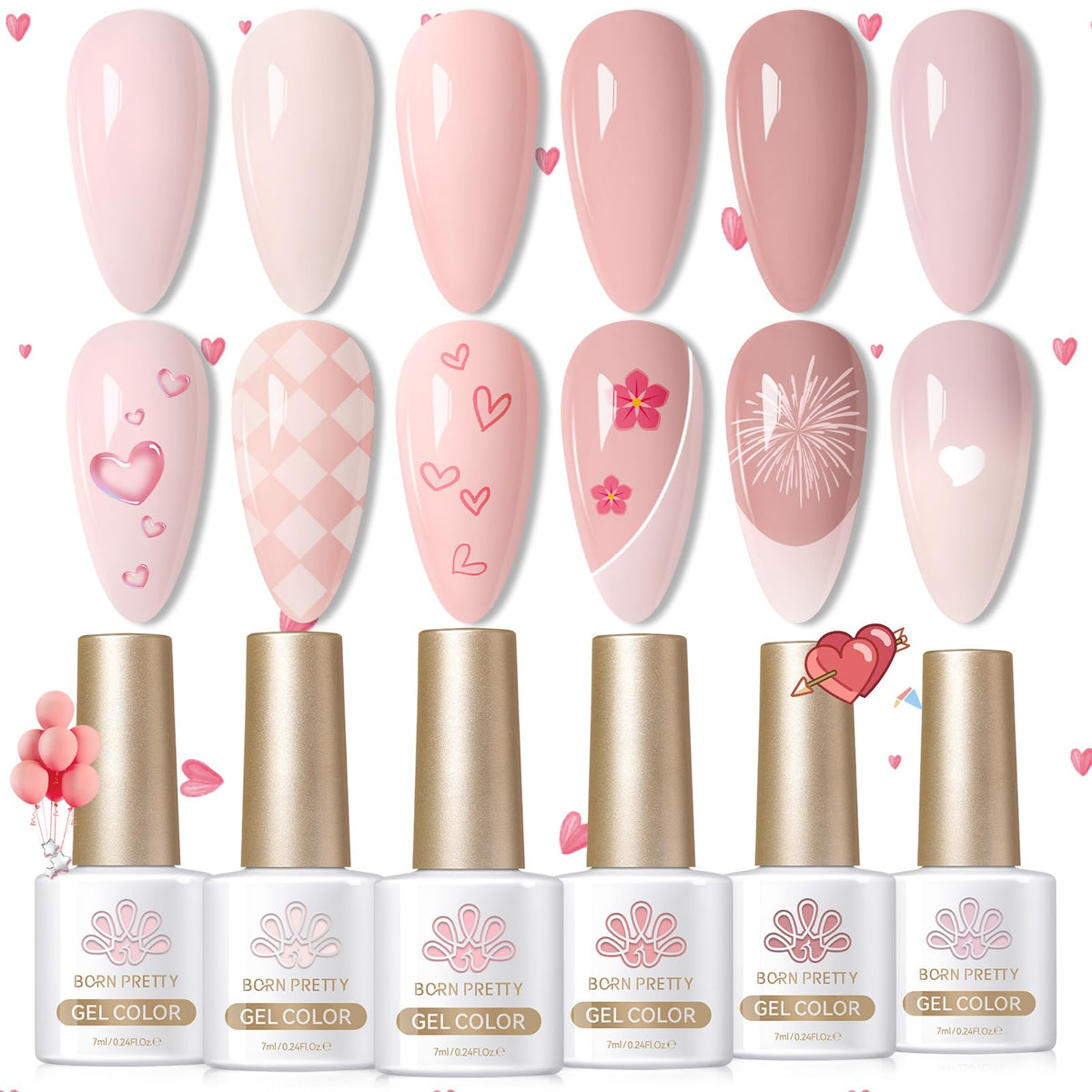 Born Pretty set de seis colores rosas gel polish para uñas, ideal para crear estilos variados.