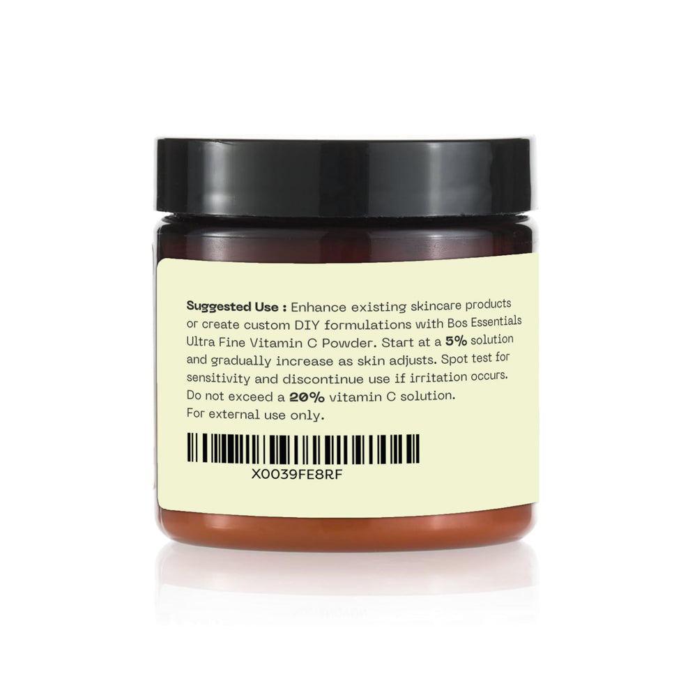 Envase de 60 g de polvo ascórbico de Bos Essentials para varias formulaciones.
