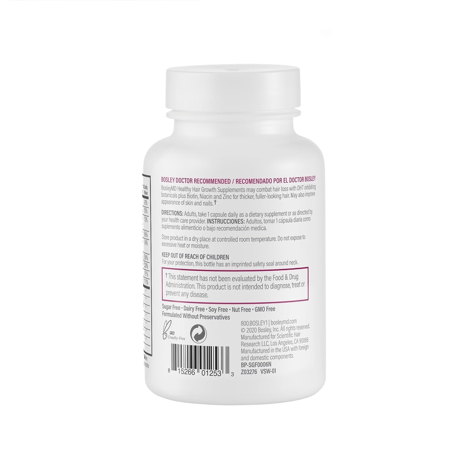 BosleyMD biotina, niacina y zinc favorecen folículos y nutrición capilar.