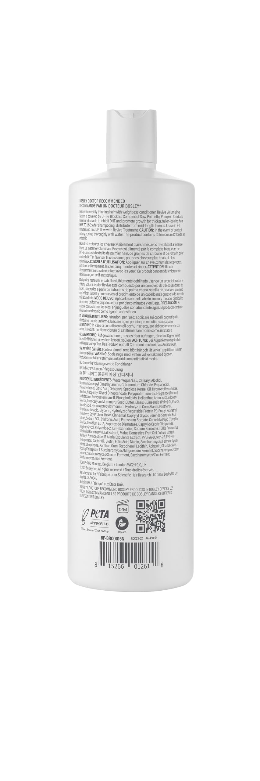 BosRevive de BosleyMD, Biotina y Pantenol fortalecen las hebras.