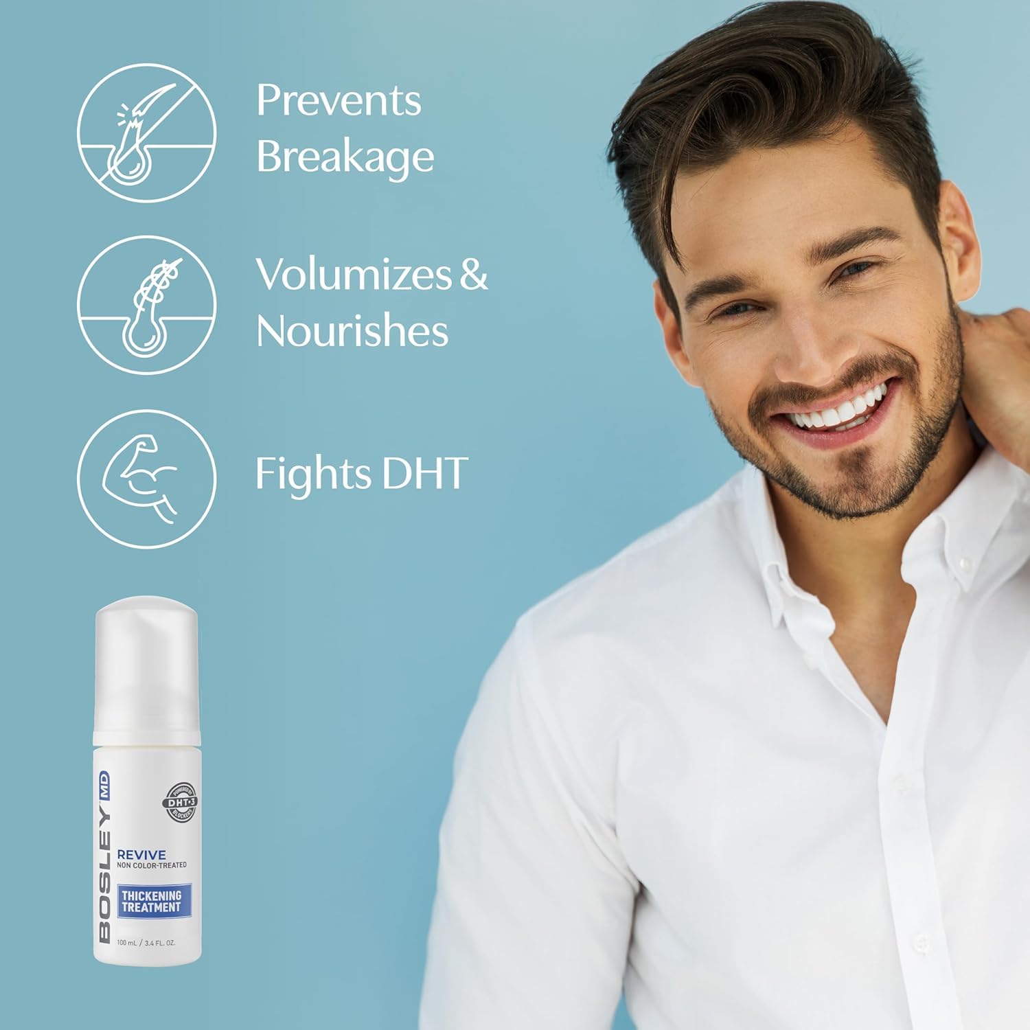 BosleyMD Thickening Treatment label detail featuring DHT-3 Blockers Complex.