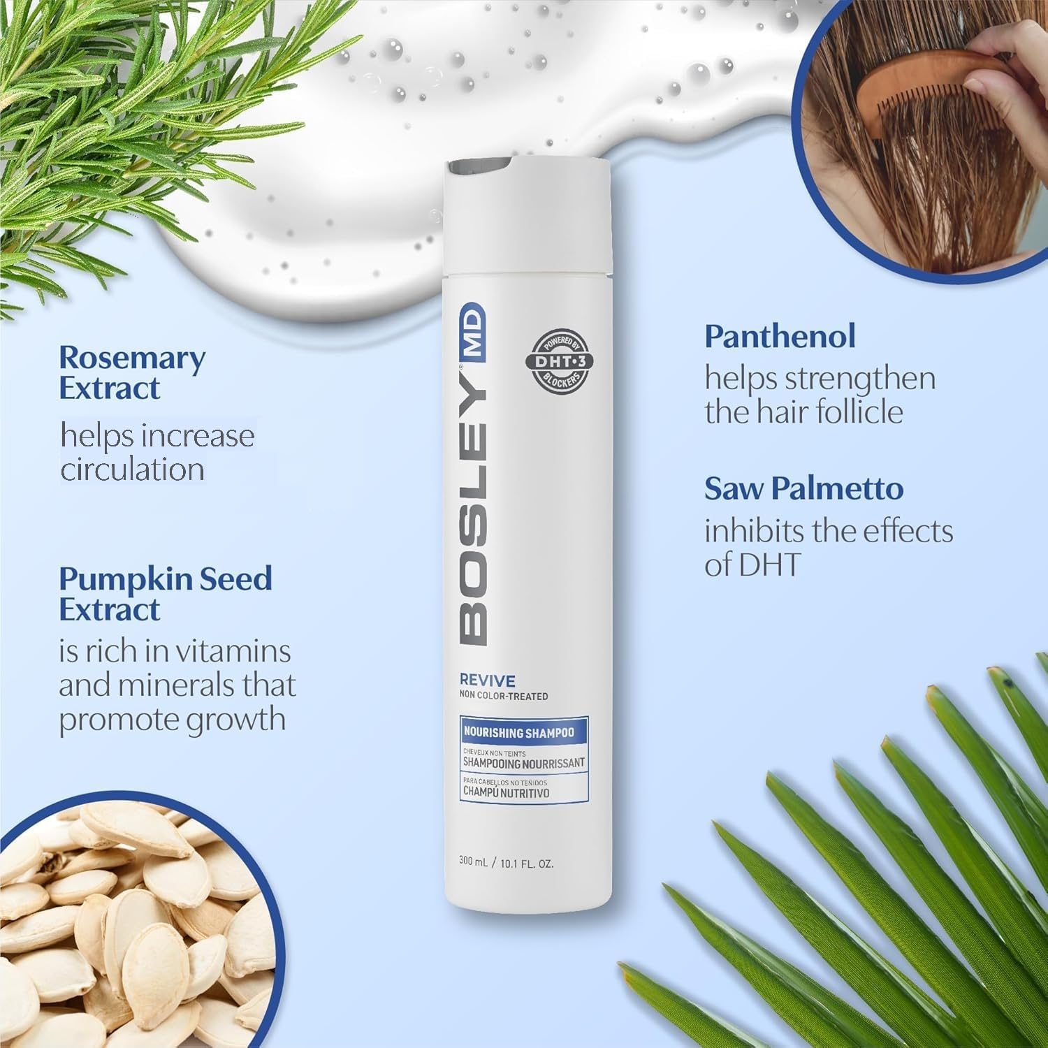 BosRevive Nourishing Shampoo with Saw Palmetto and rosemary panthenol for scalp care.