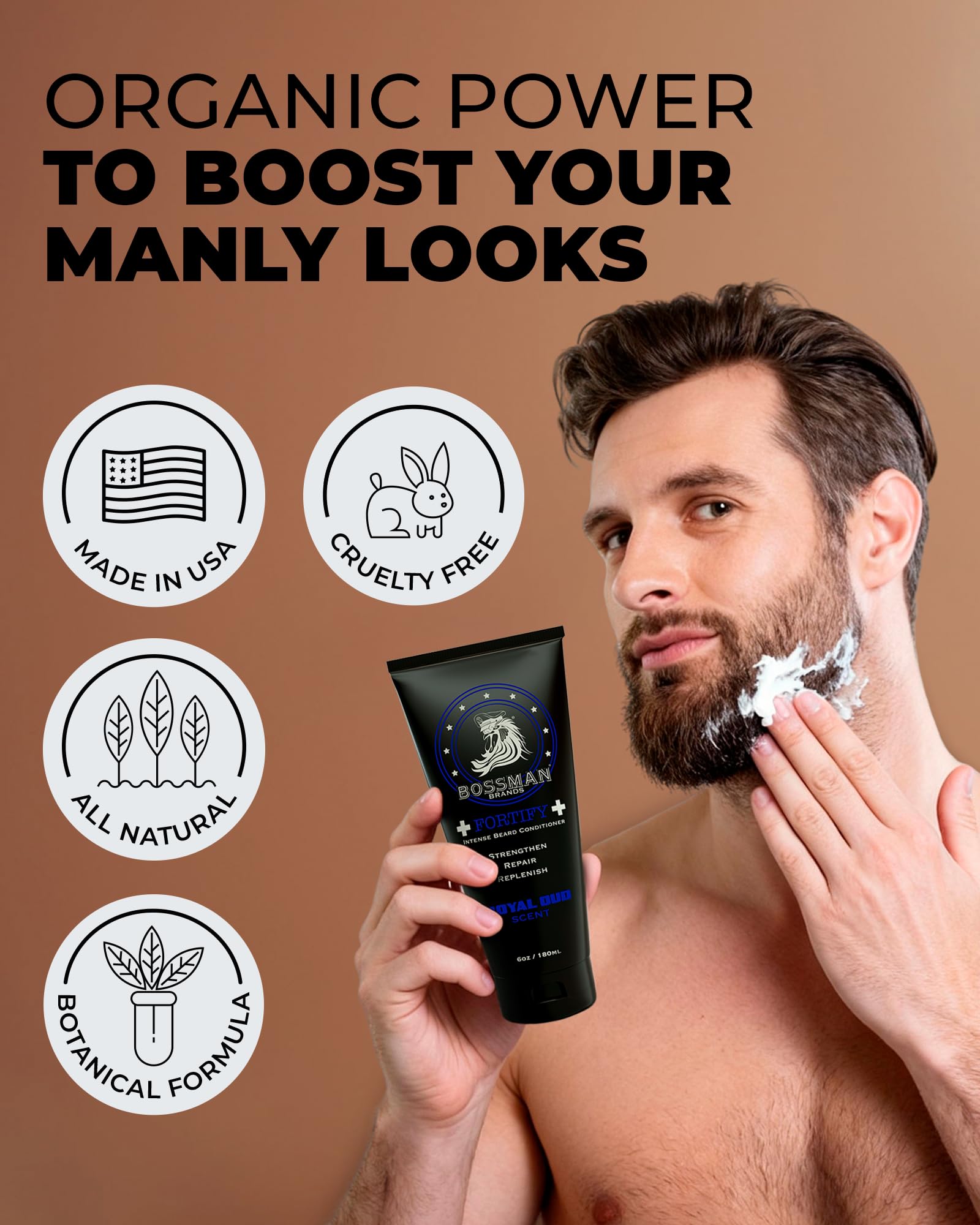 Condicionador fortificante para barba Bossman, fortalecimiento desde la raíz.