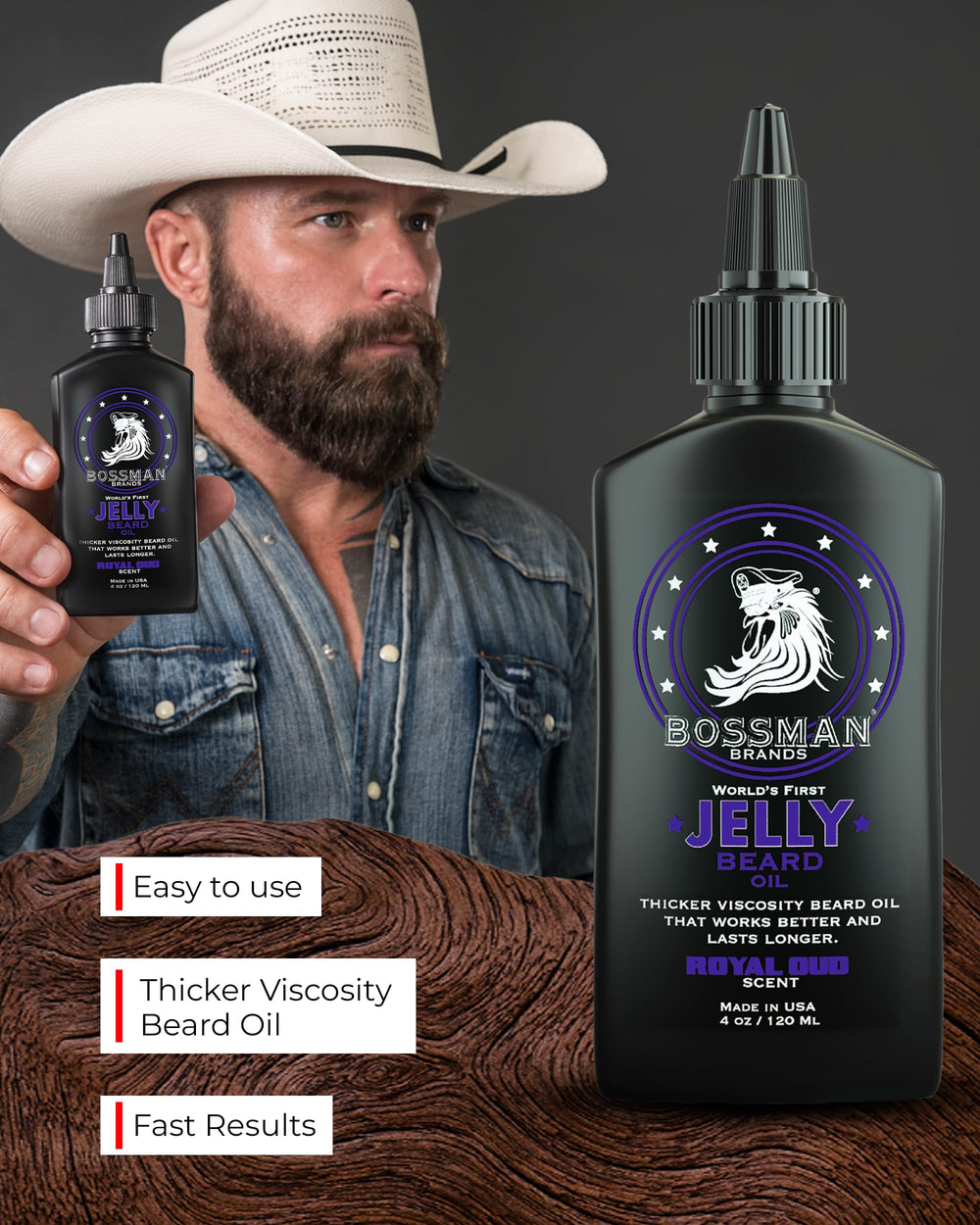 Bossman Jelly Beard Oil Royal Oud, empaque estadounidense y diseño de lujo.