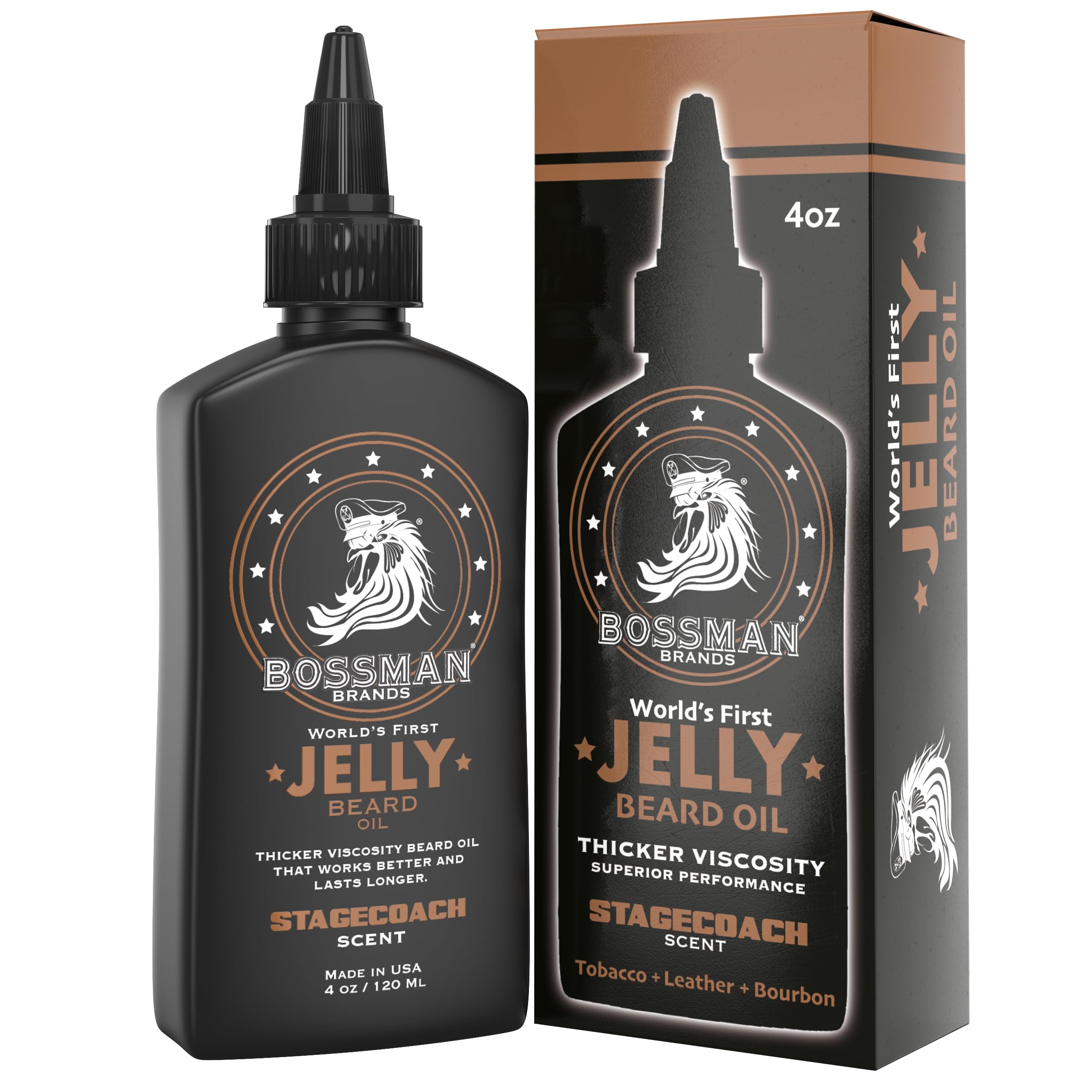 Bossman Jelly Beard Oil Stagecoach en frasco de cuatro onzas nutre y define la barba.
