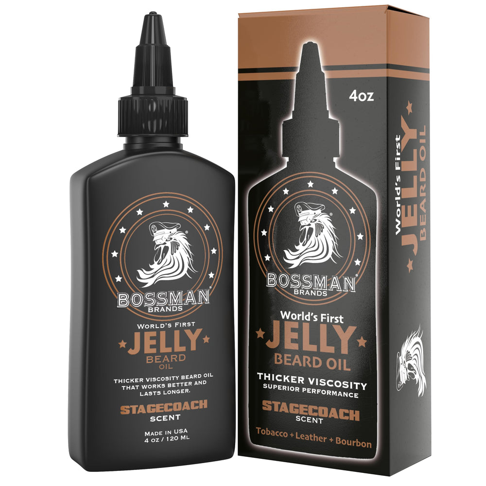 Bossman Jelly Beard Oil Stagecoach en frasco de cuatro onzas nutre y define la barba.
