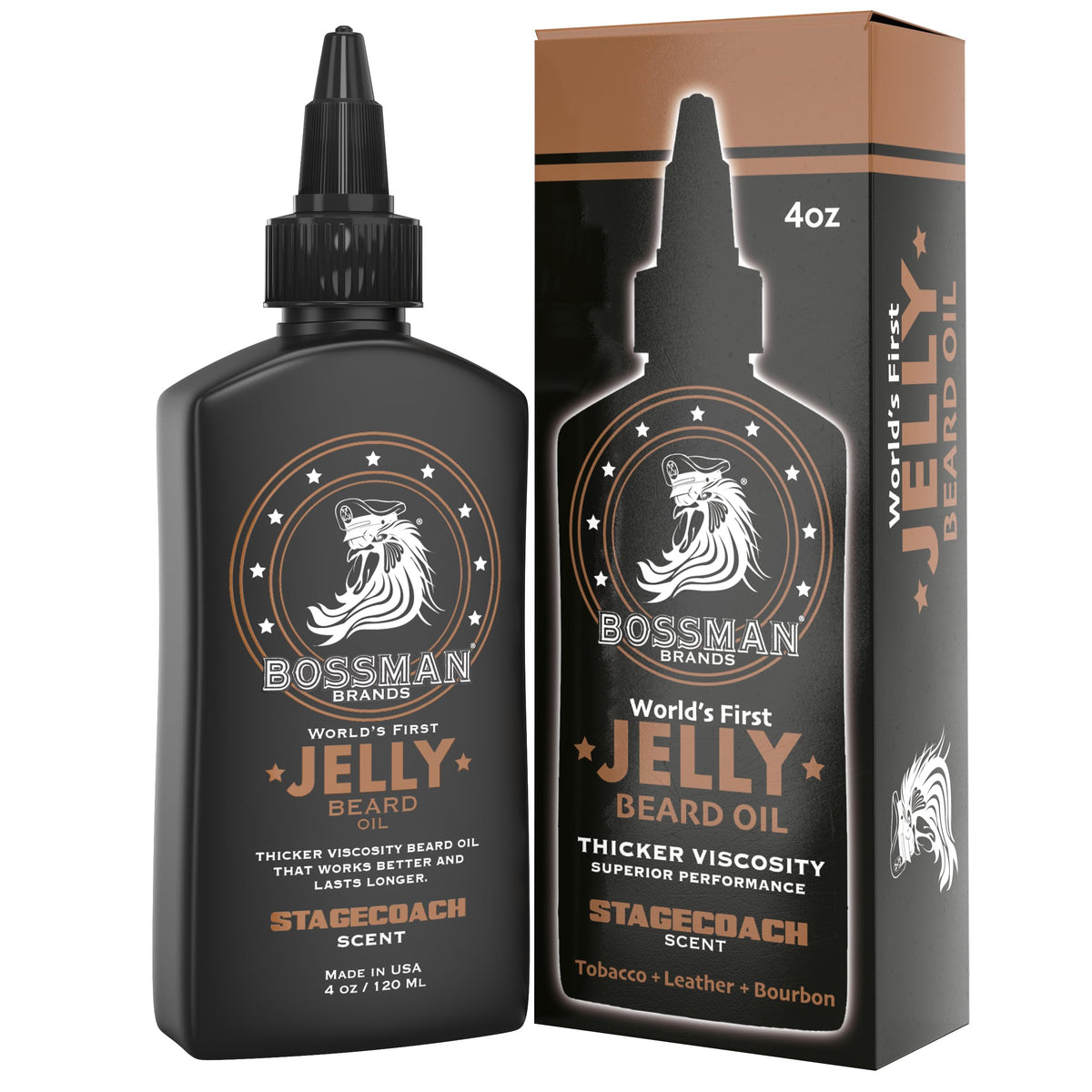 Bossman Jelly Beard Oil Stagecoach en frasco de cuatro onzas nutre y define la barba.