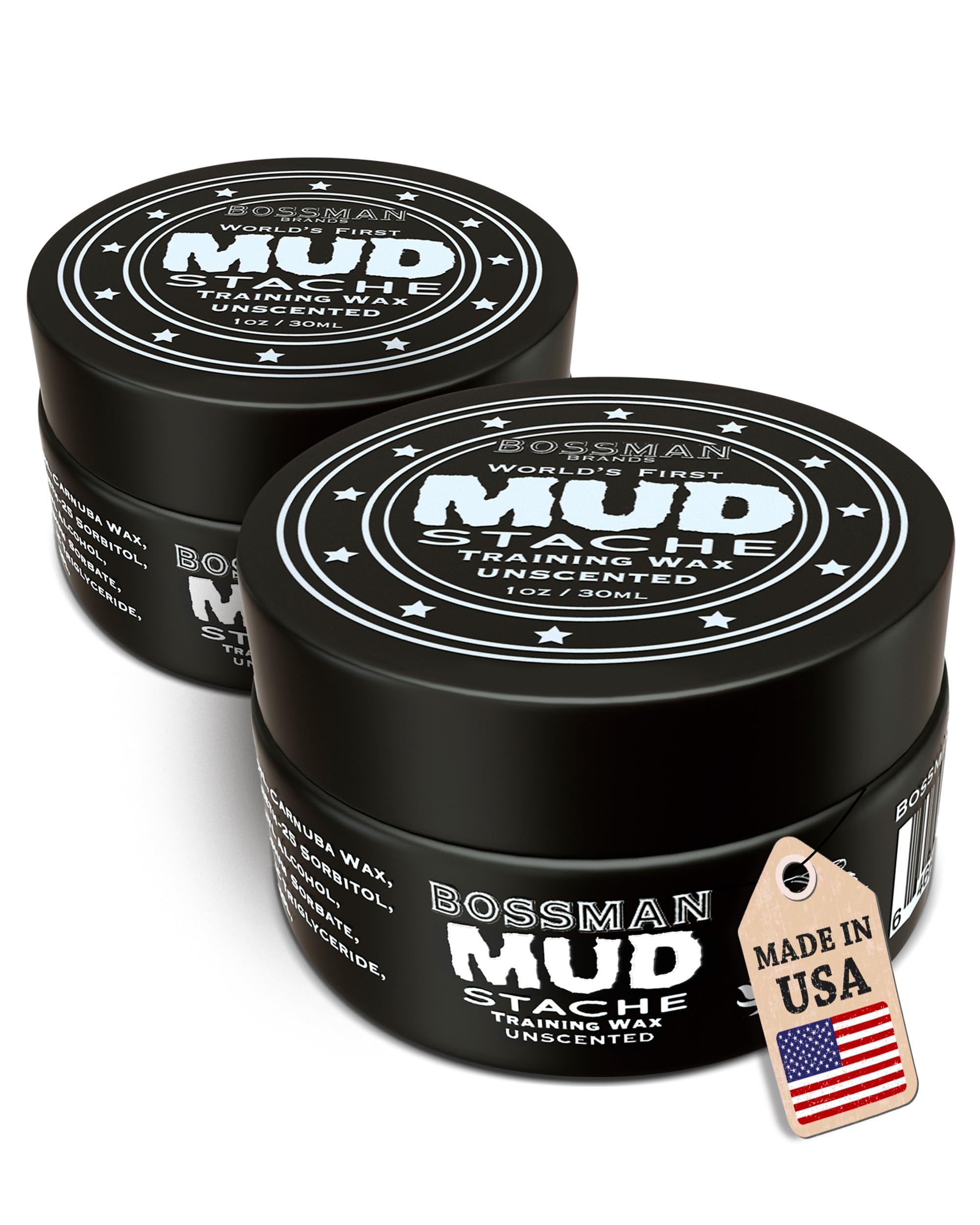 Bossman MUDstache unscented wax bottle showing strong matte hold for all-day styling.