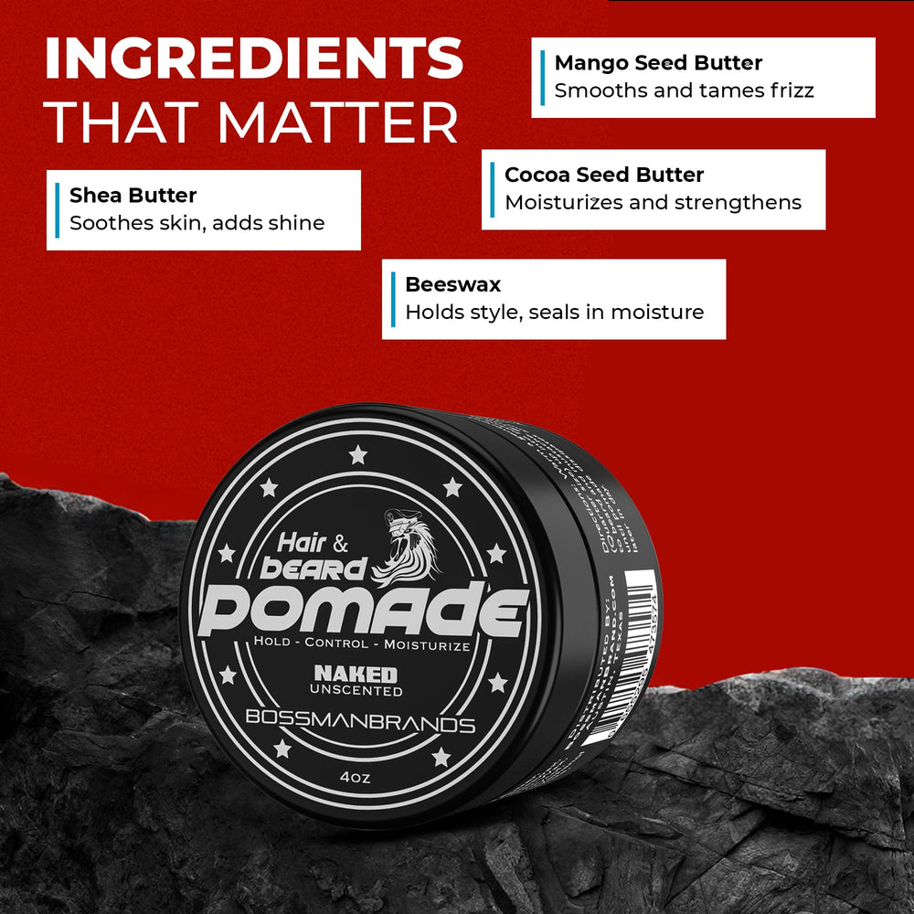 Barba bien definida con Bossman pomada, control del frizz y forma estable.