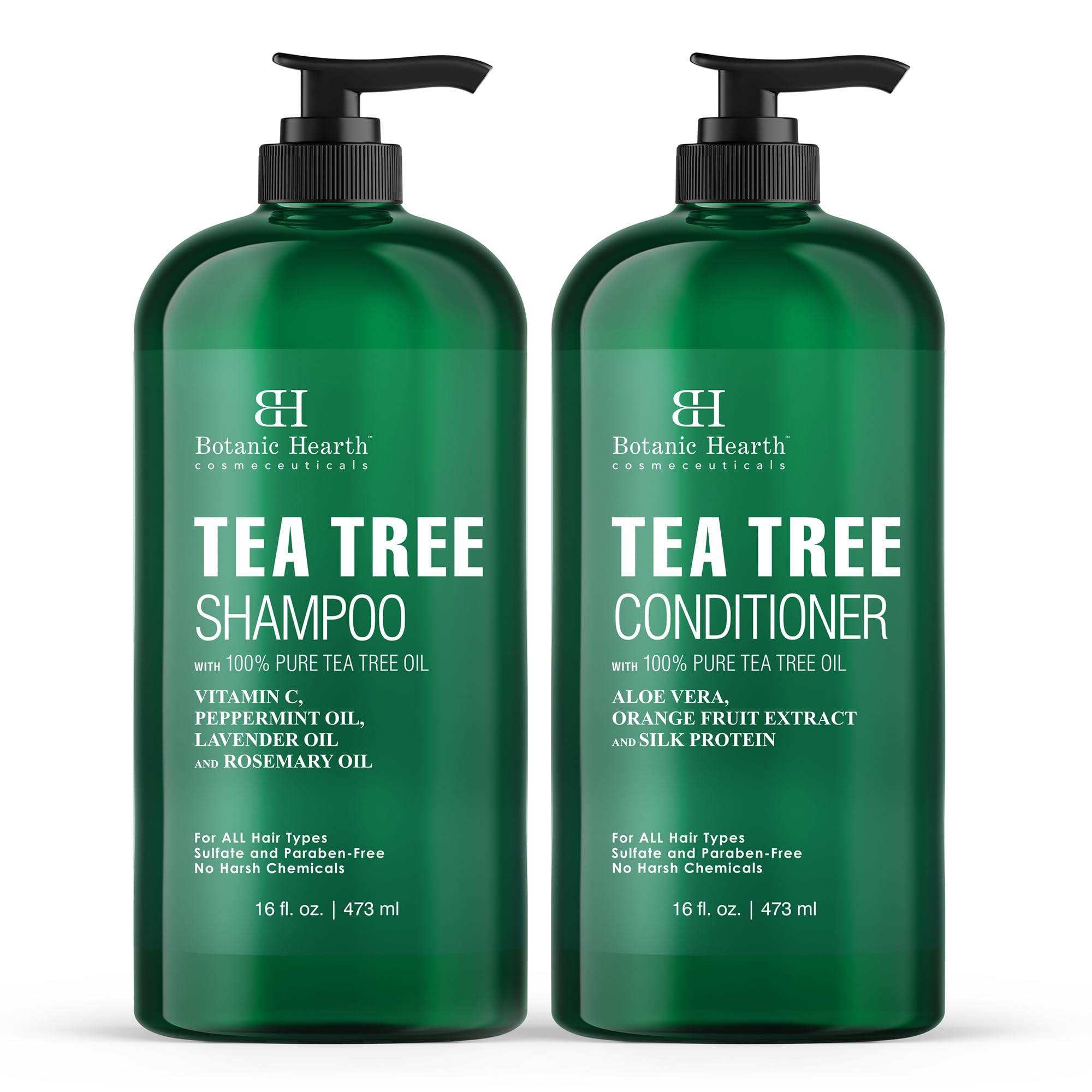 Botanic Hearth champú arbol de te, botella y etiqueta detallada