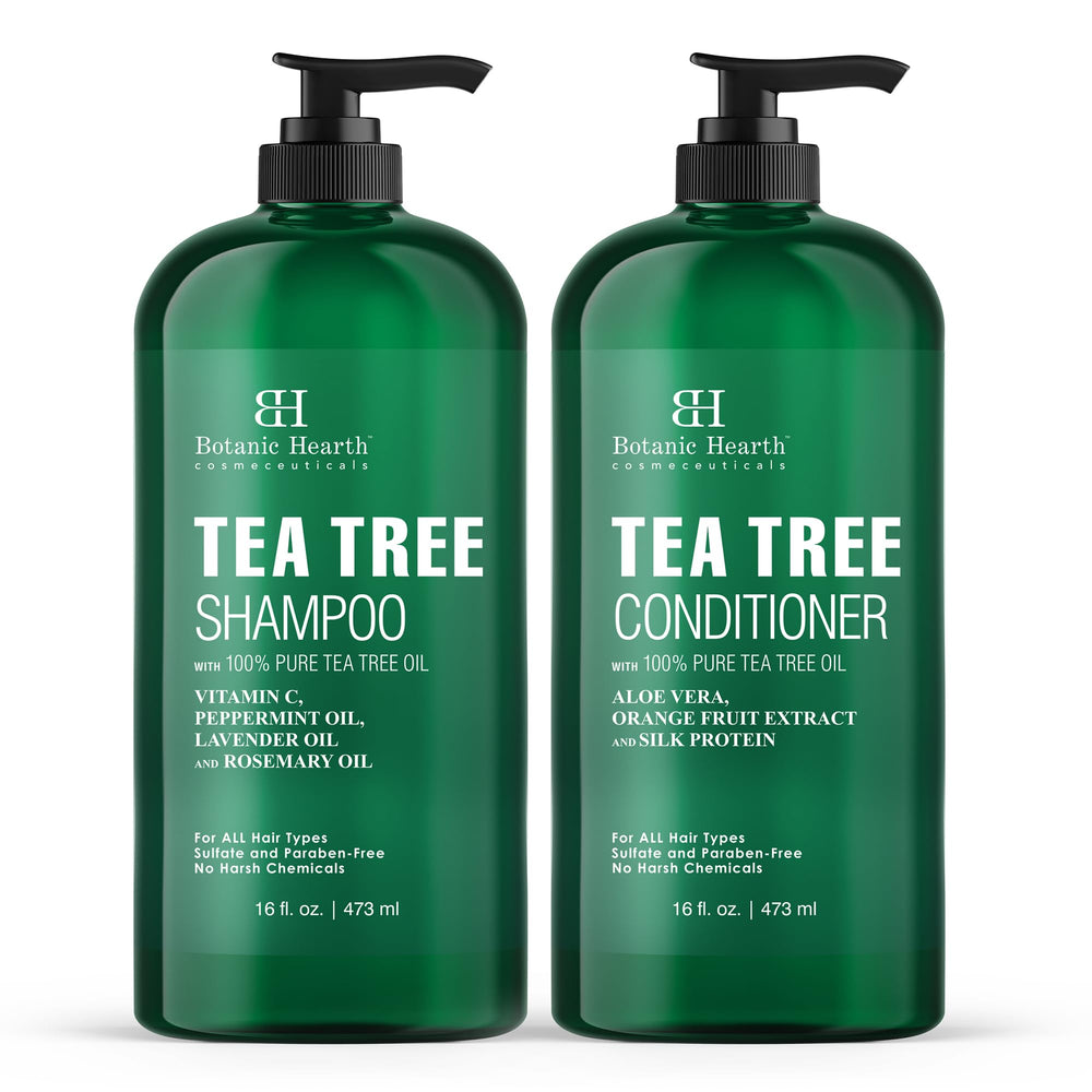 Botanic Hearth champú arbol de te, botella y etiqueta detallada