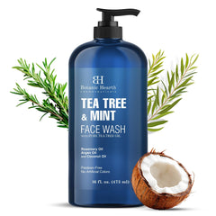 Botanic Hearth jabón facial té de árbol menta, botella visible para piel limpia.
