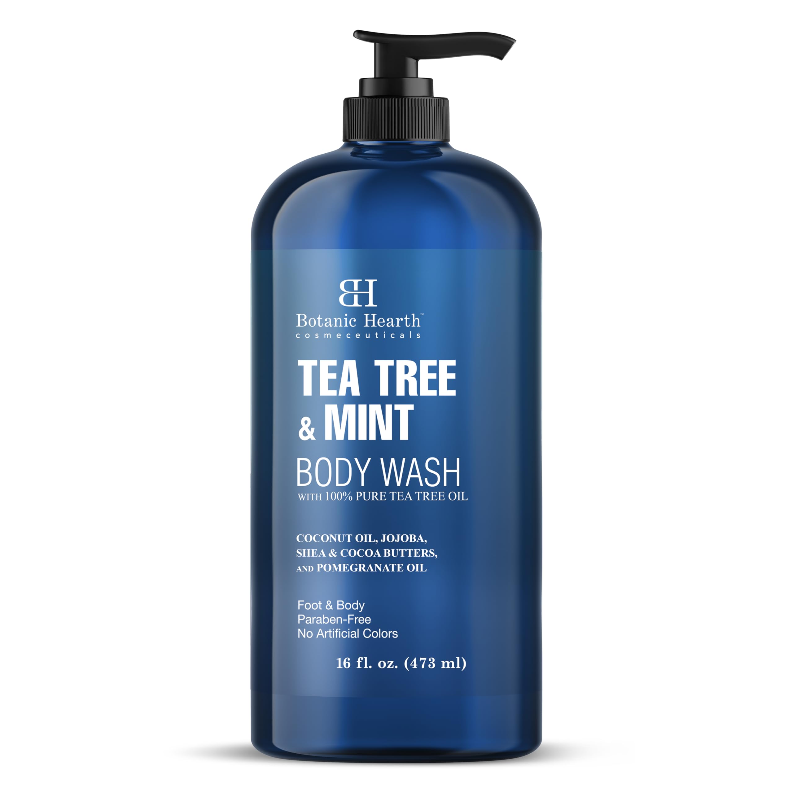 Botanic Hearth gel de ducha con árbol de té y menta, botella limpia y suave.