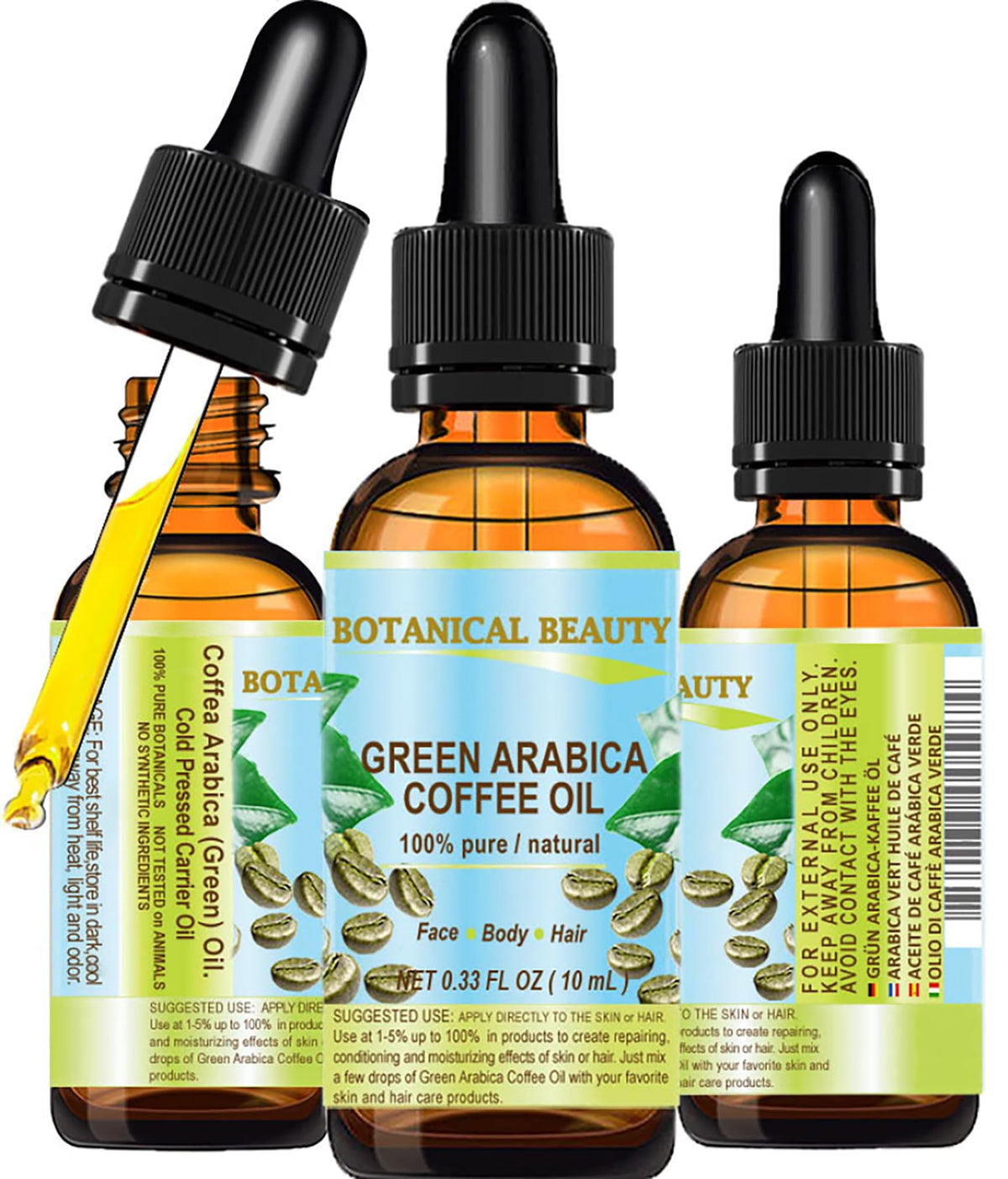 Botanical Beauty Aceite de Café Verde Arábica en botella, hidratación ligera y rápida absorción para la piel.
