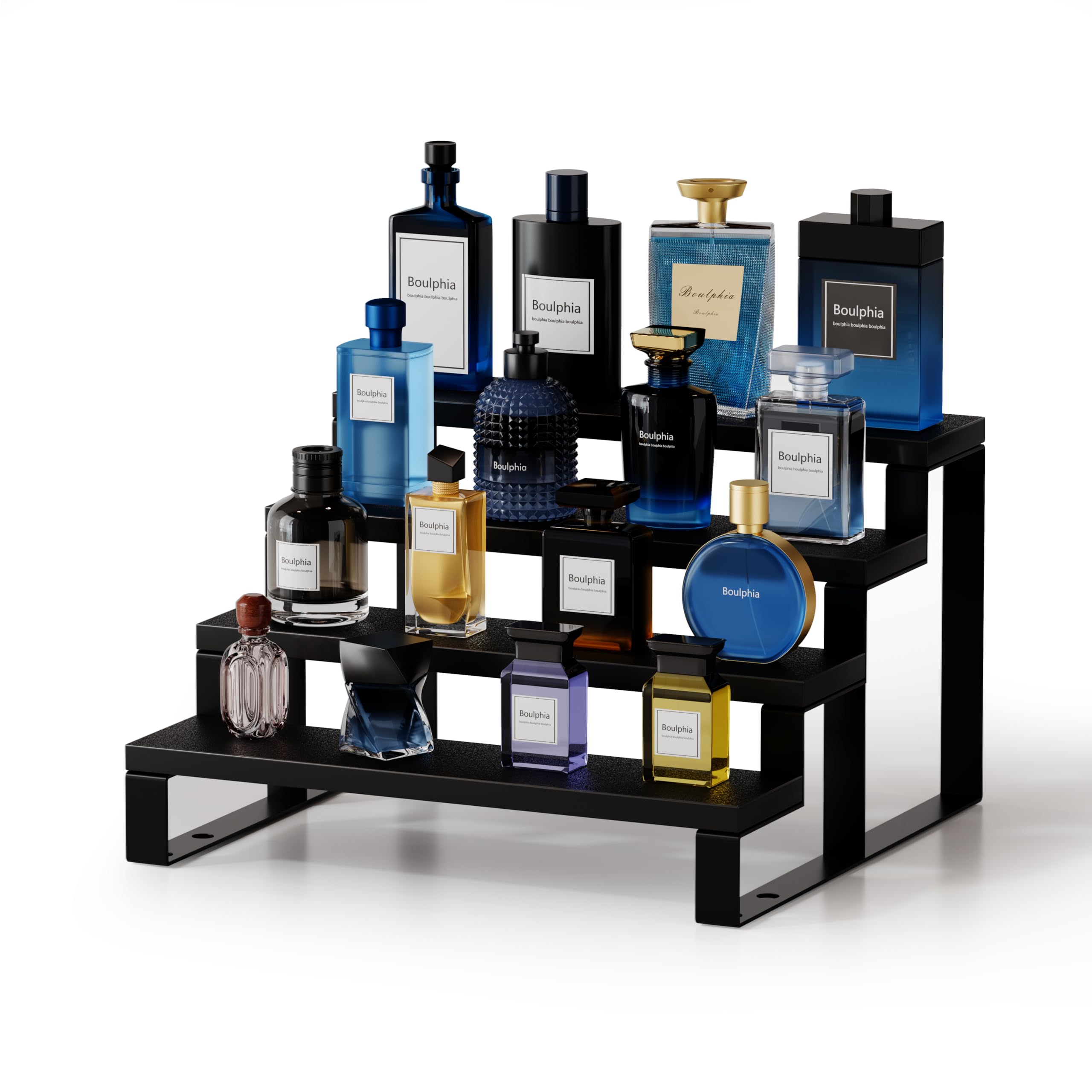Organizador Boulphia para fragancias de hombre, vista frontal de 4 niveles, elegante y compacto