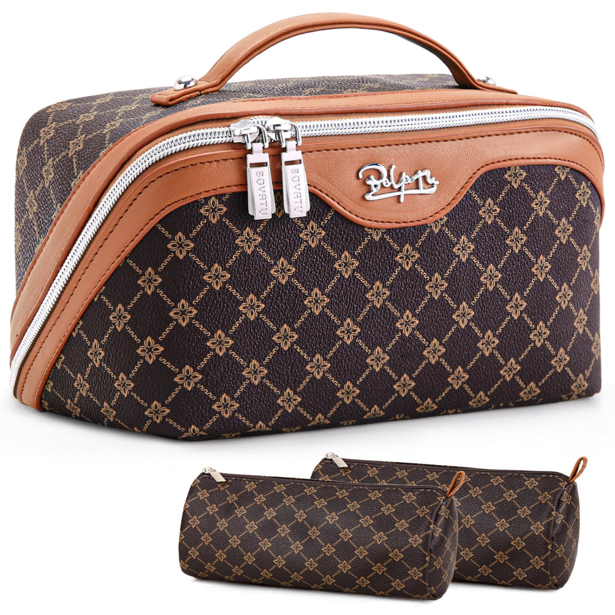 BOYATU bolsa de maquillaje de viaje 3 piezas en café, perfecta para organización.