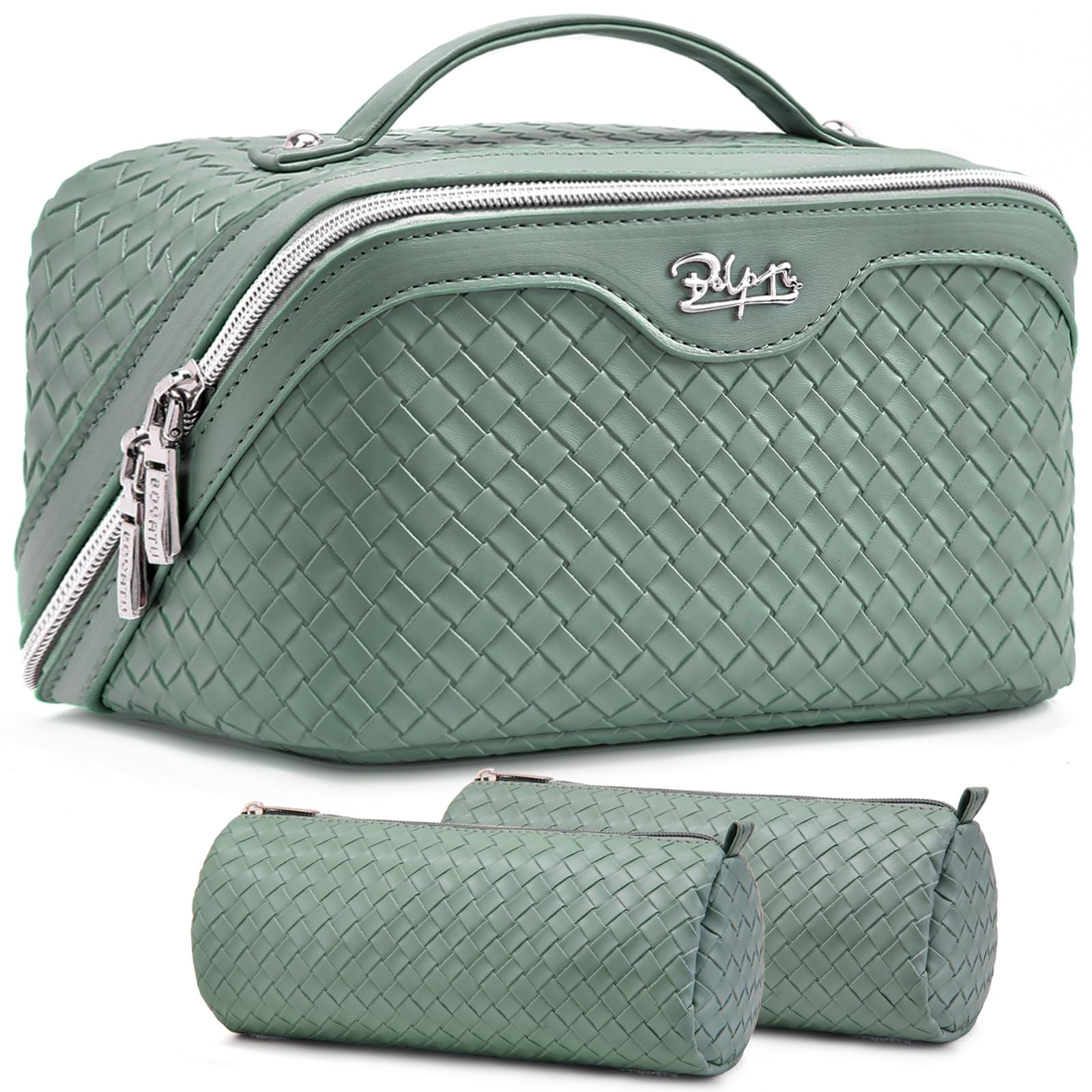 BOYATU bolsa maquillaje viaje verde césped, compacto y resistente al agua.