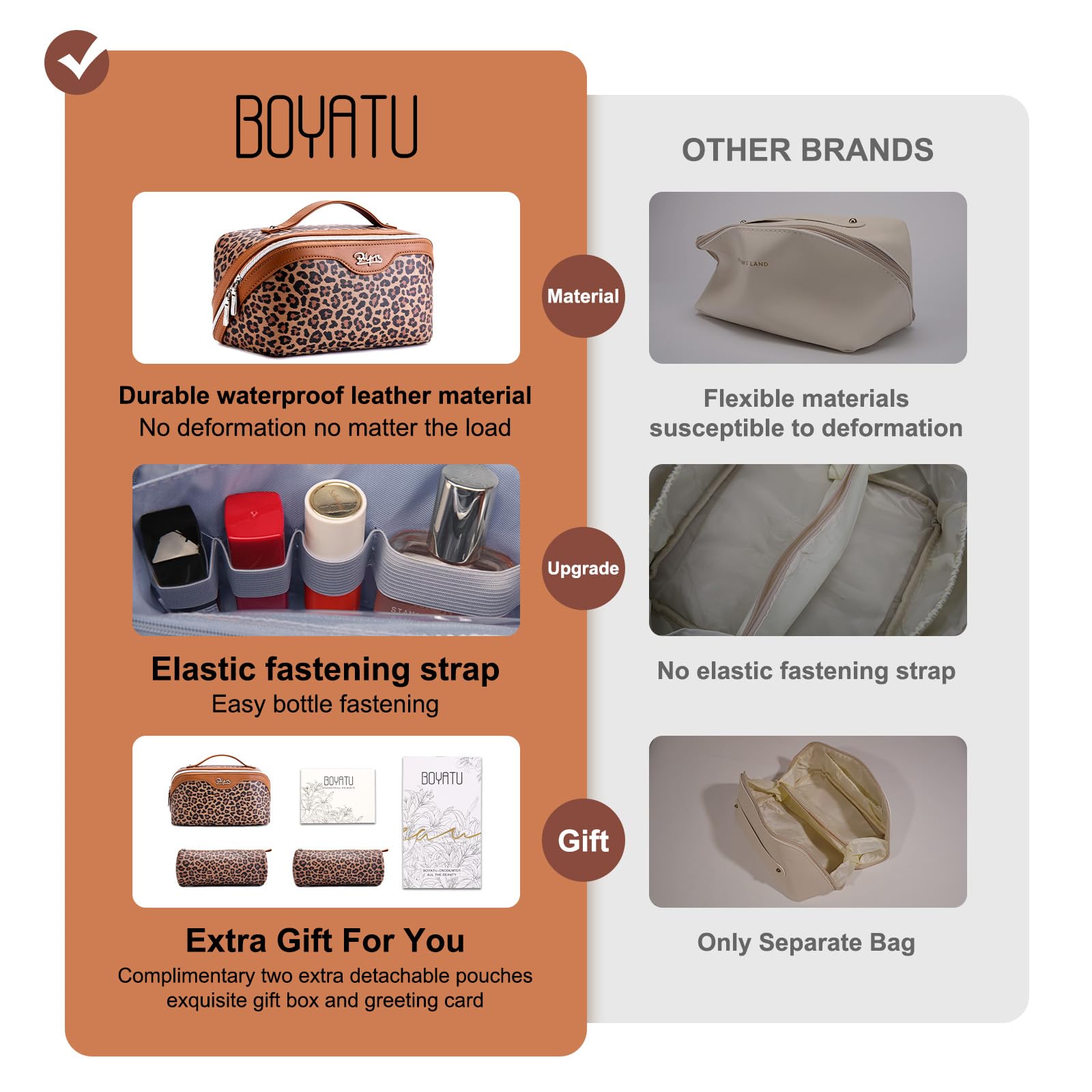 BOYATU estuche de maquillaje para viaje, estampa leopardo, cueros veganos y duraderos.