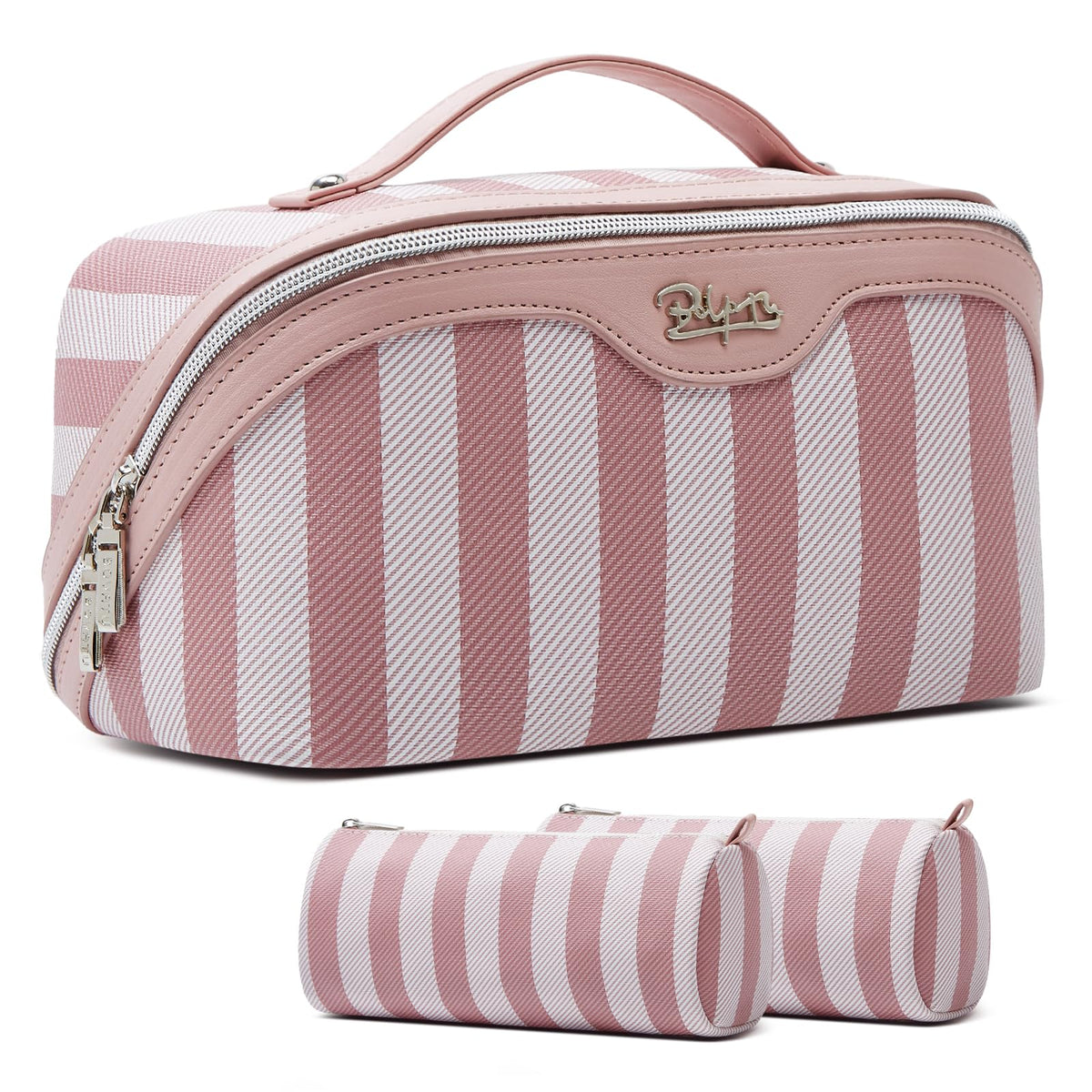 BOYATU neceser rosa de viaje con compartimentos para cosméticos ordenados.