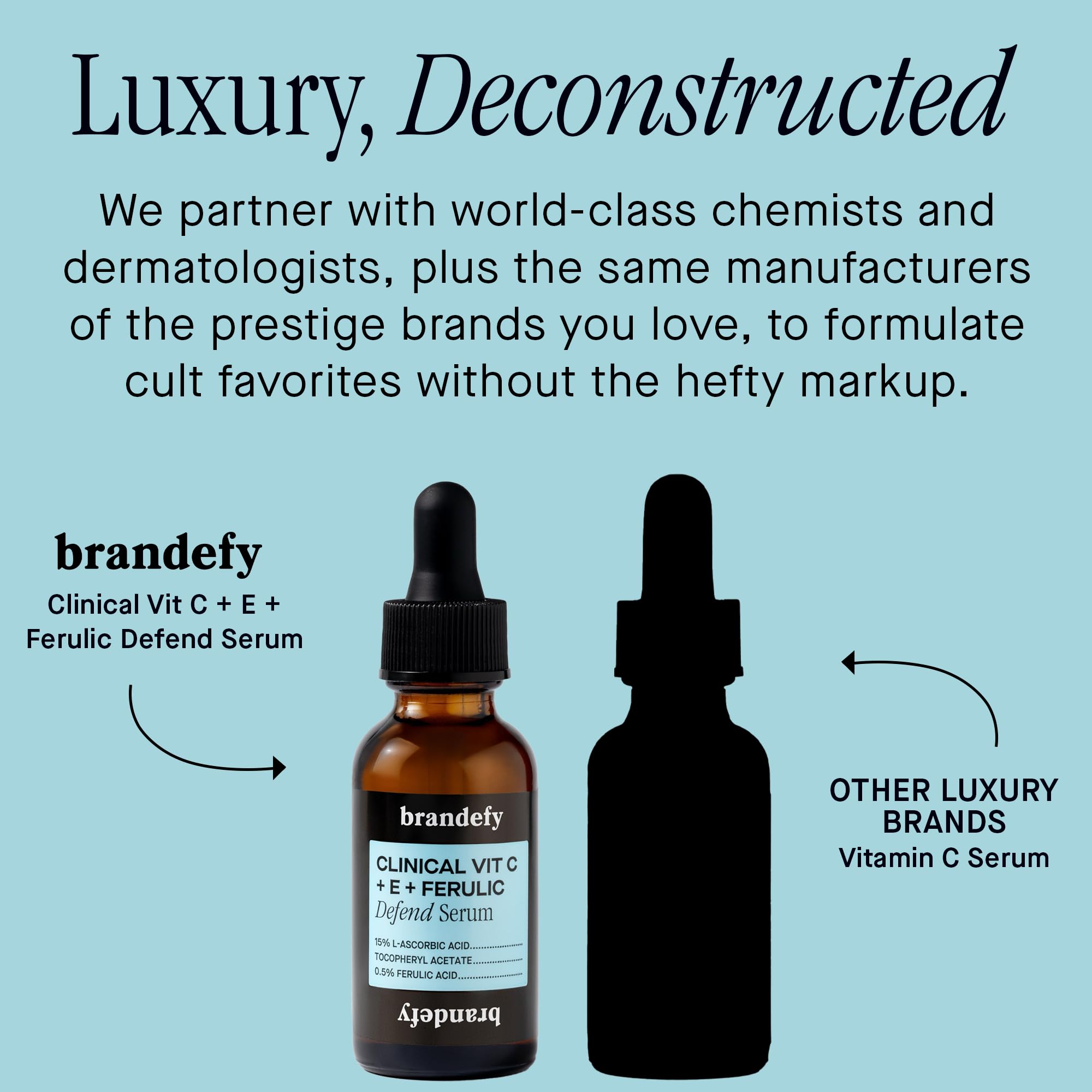 Brandefy Serum Ingredientes Clave, acido ferulico y vitamina E