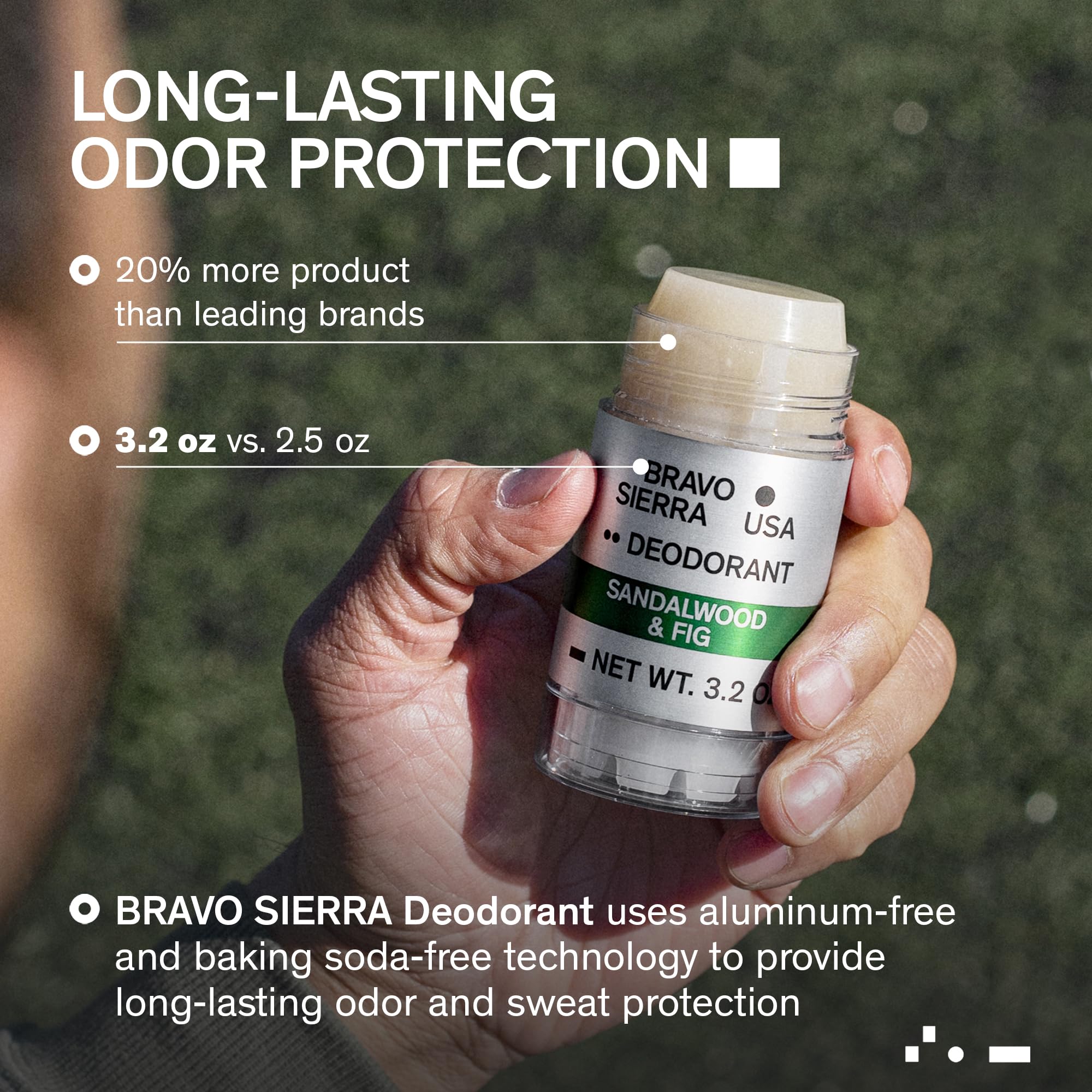 Desodorante Bravo Sierra, aplicación transparente para uso diario sin manchas en la ropa.