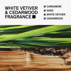 Aroma amaderado Bravo Sierra vetiver blanco y cedro para sensación fresca.