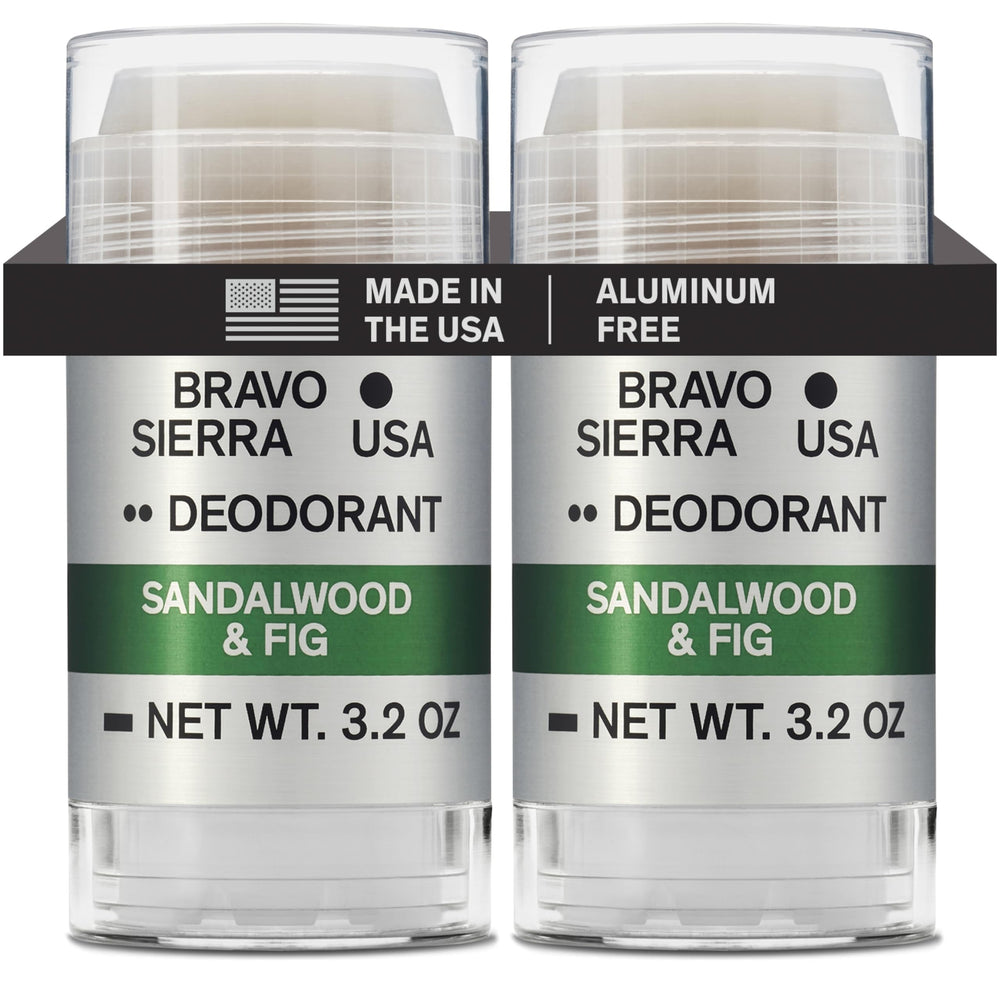 Desodorante Bravo Sierra sin aluminio, dos-pack, fragancia sándalo e higo para protección duradera.